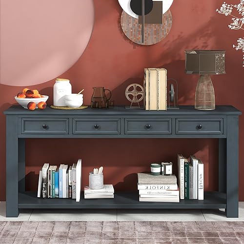 Miniatura 4 de Merax Mesa de entrada de 2 niveles con estante de almacenamiento, mesa consola de 63 pulgadas con 4 cajones, mesa de sofá larga para entrada,