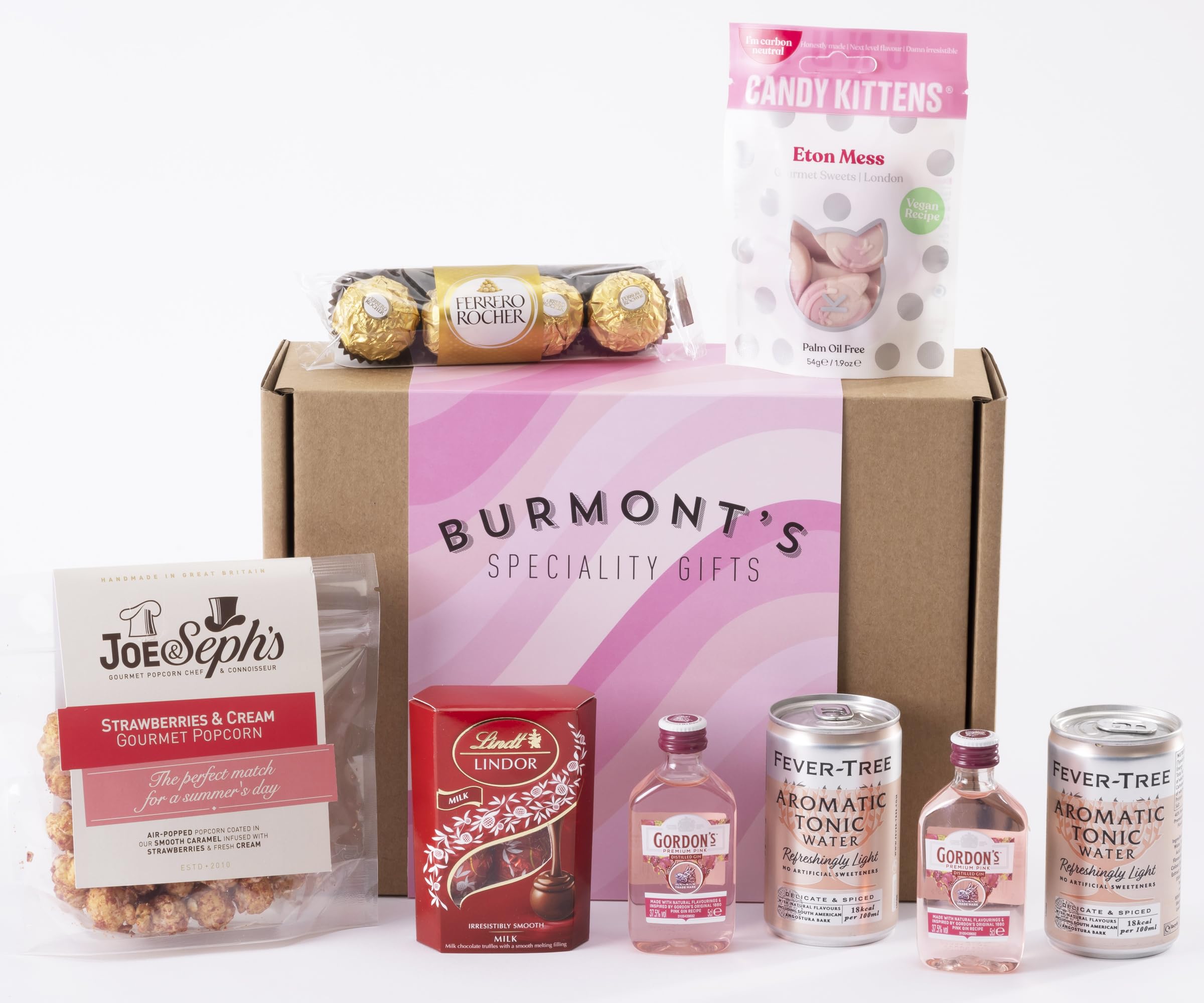 The Pink Gin & Tonic and Treats Hamper For Her - Two Gordon's Gin Miniatures and Tonics, Truffles, Hazelnut Chocolates, Joe & Seph's Popcorn & Candy Kittens - Hamper Exclusive To Burmont's
