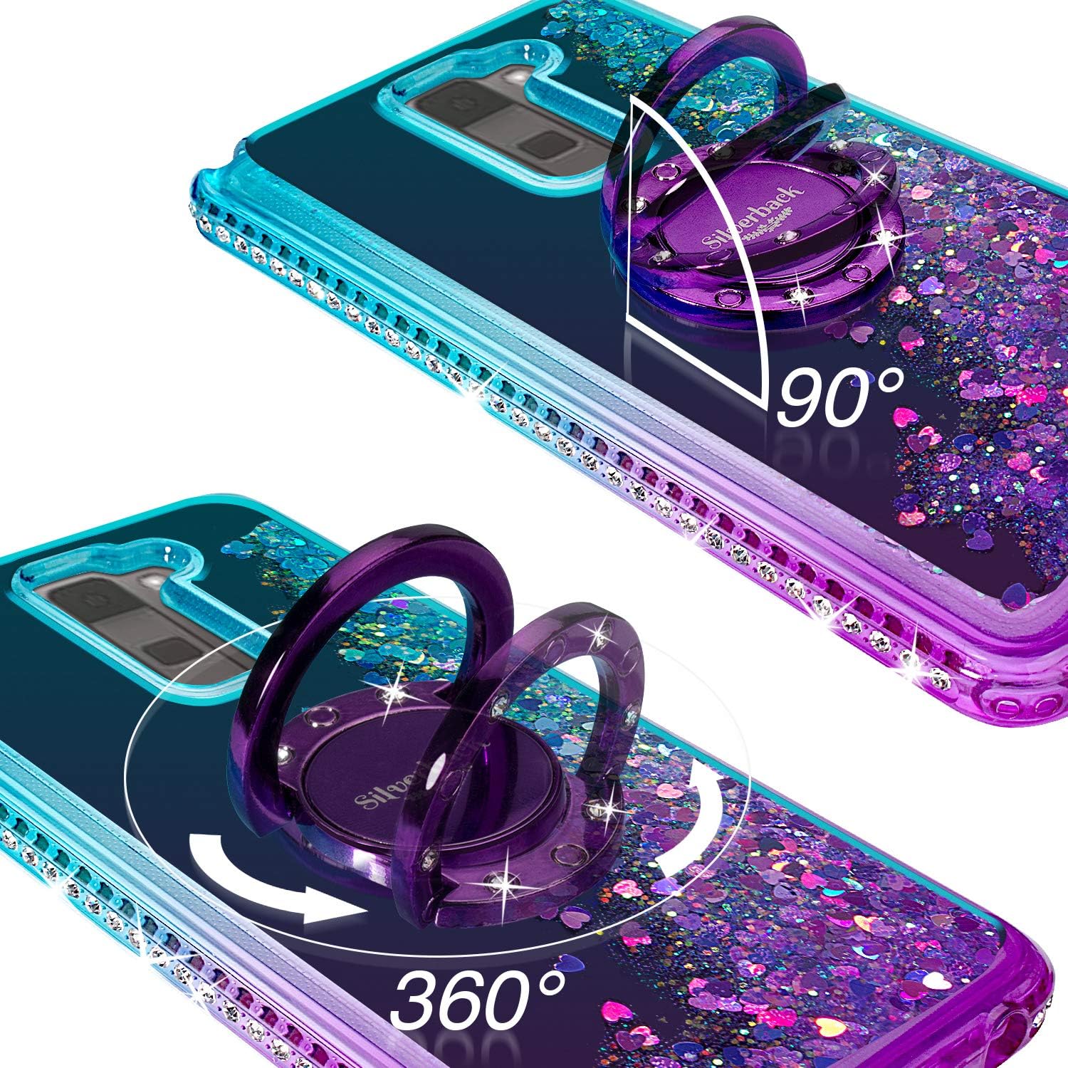 Silverback LG Stylo 2 V/Stylo 2/ Stylo 2 Plus/Stylus 2 Case, Moving Liquid Holographic Sparkle Glitter Case with Kickstand, Bling Diamond Bumper with Ring Slim Protective LG LS 775 -Purple