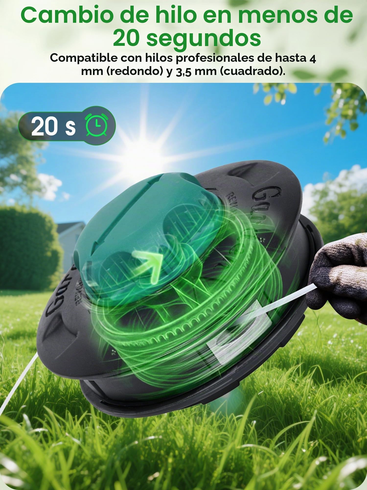 SUNMON Cabezal de Corte para Desbrozadora M10 x 1,25 LG con Carrete Universal 7 m x 3 mm, Cabezal Automático Tap & Go para Cortadora de Desbrozadora y Cortacéspedes