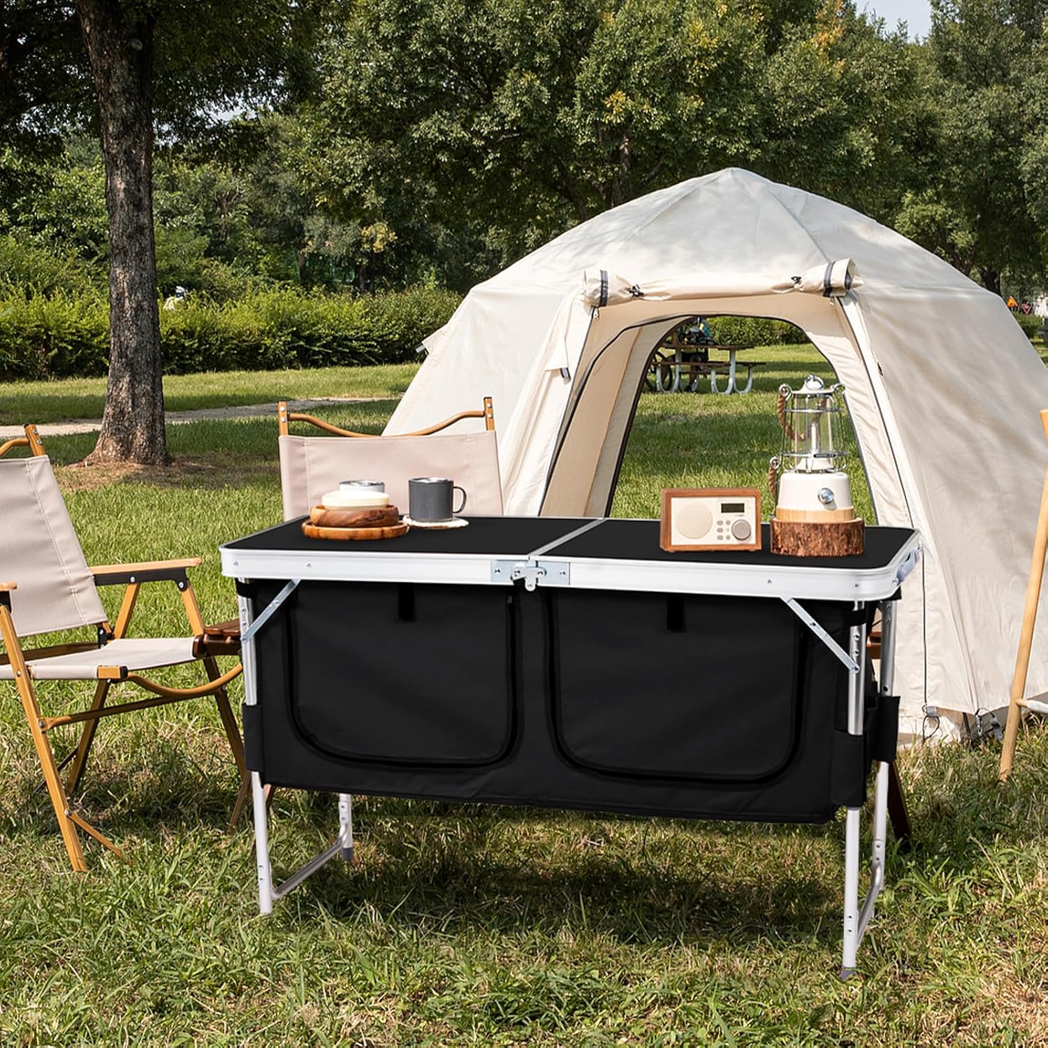 Portable Folding Camping Table with Detachable Storage Compartments and 3 Adjustable Height Settings for Outdoor Dining, Picnics, and BBQs