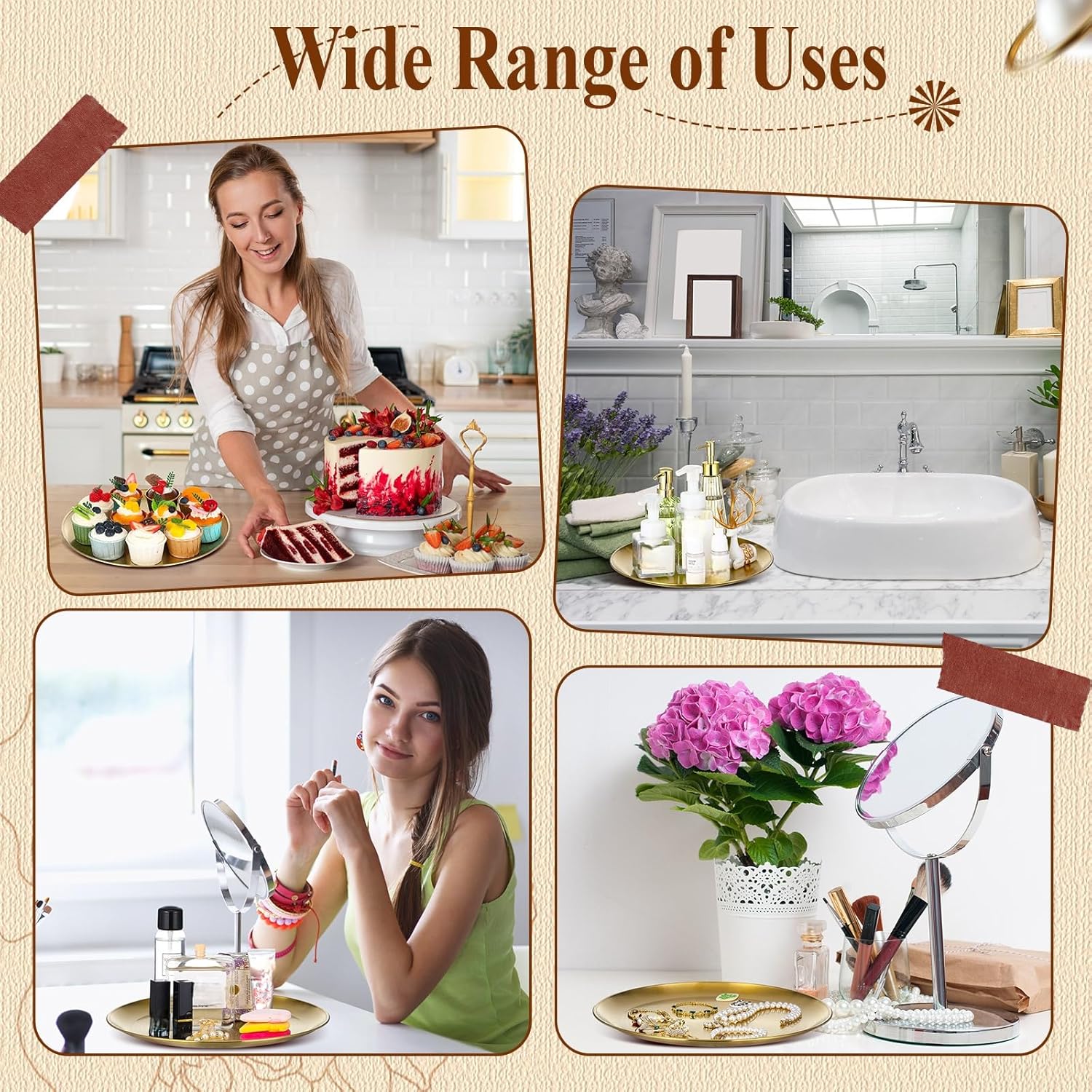 Nuogo 6 Pack Gold Tray Decorative Serving Decorative Gold Jewelry Bar Jewelry Dish Key Bowl Mirror Dresser Vanity Tray Makeup Organizer for Bathroom Candle Perfume Countertop(12 Inch)