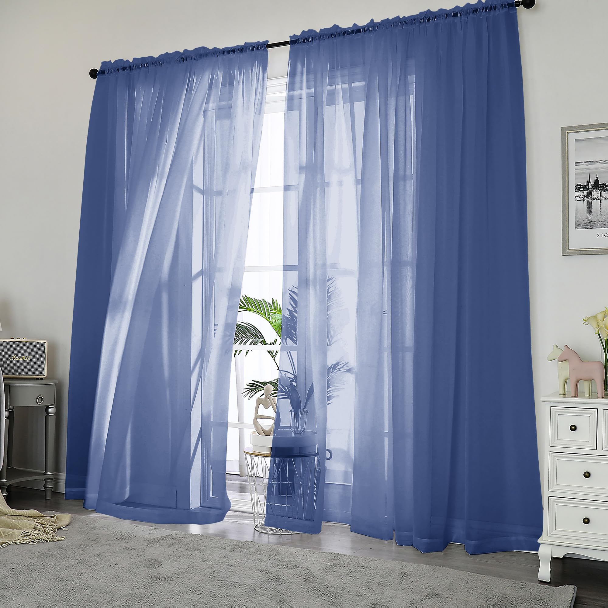 Chyhomenyc Royal Blue Sheer Curtains 84 Inches Long Rod Pocket Voile Panels for Living Room Bedroom 42" x 84" Each 2 Panels