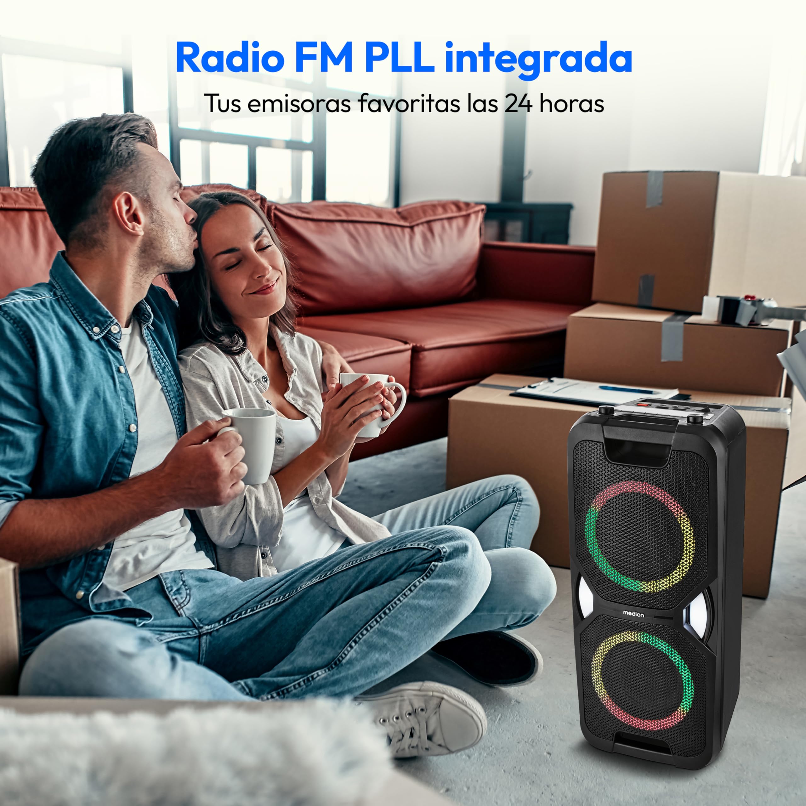 MEDION PE-1 Pure Partybox (batería, con micrófono, Altavoz Bluetooth portátil Grande, Efectos de luz, Karaoke, 2 entradas de micrófono, AUX, USB, Radio, MD400000)