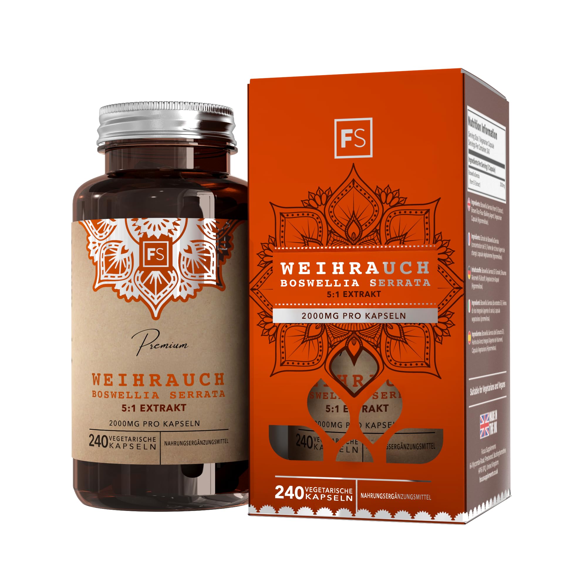 FS Weihrauchkapseln | 240 Weihrauch Kapseln - Weihrauch kapseln Hochdosiert 2000mg pro Portion | Boswellia Serrata | Milch-, Allergen- und Glutenfrei | Hergestellt in GB