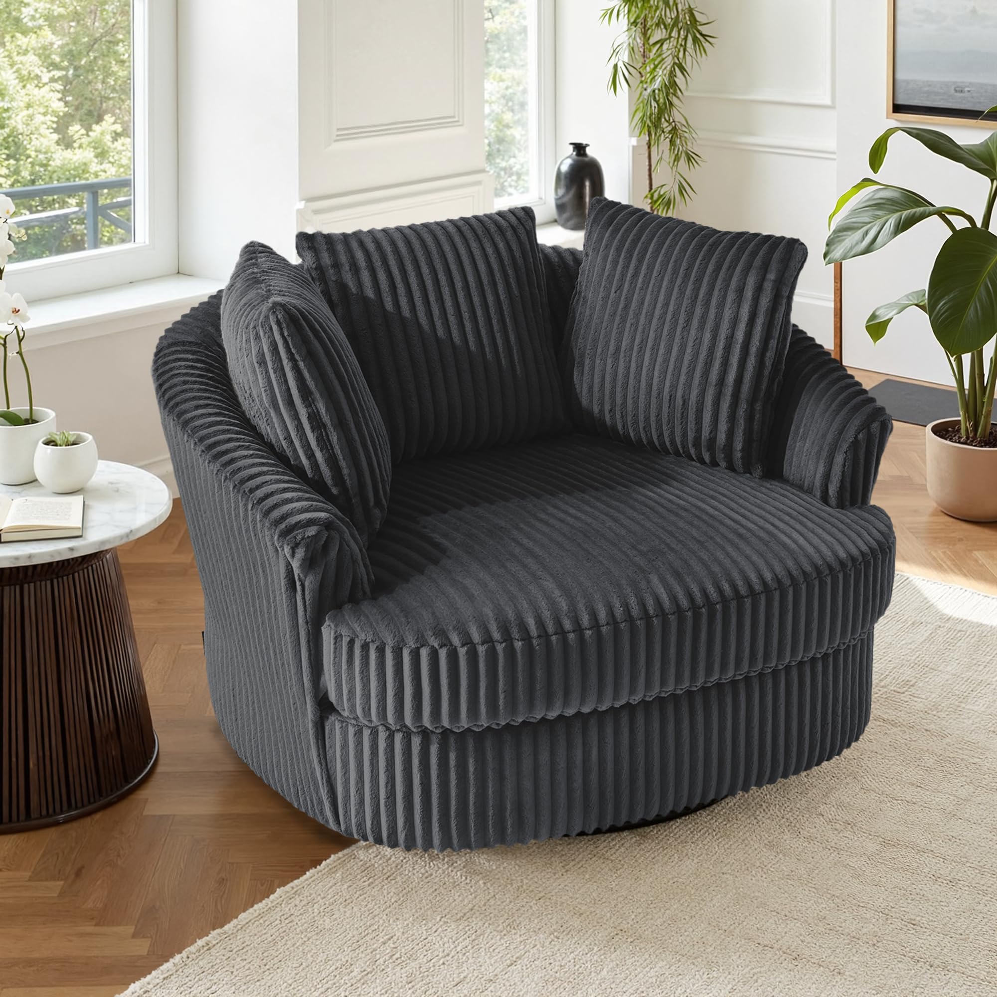 UIXE 43" W Oversized Swivel Accent Chair, Faux Fur Round Barrel Chair Comfy Upholstered Armchair for Living Room, Chaise Lounge Indoor Single Sofa