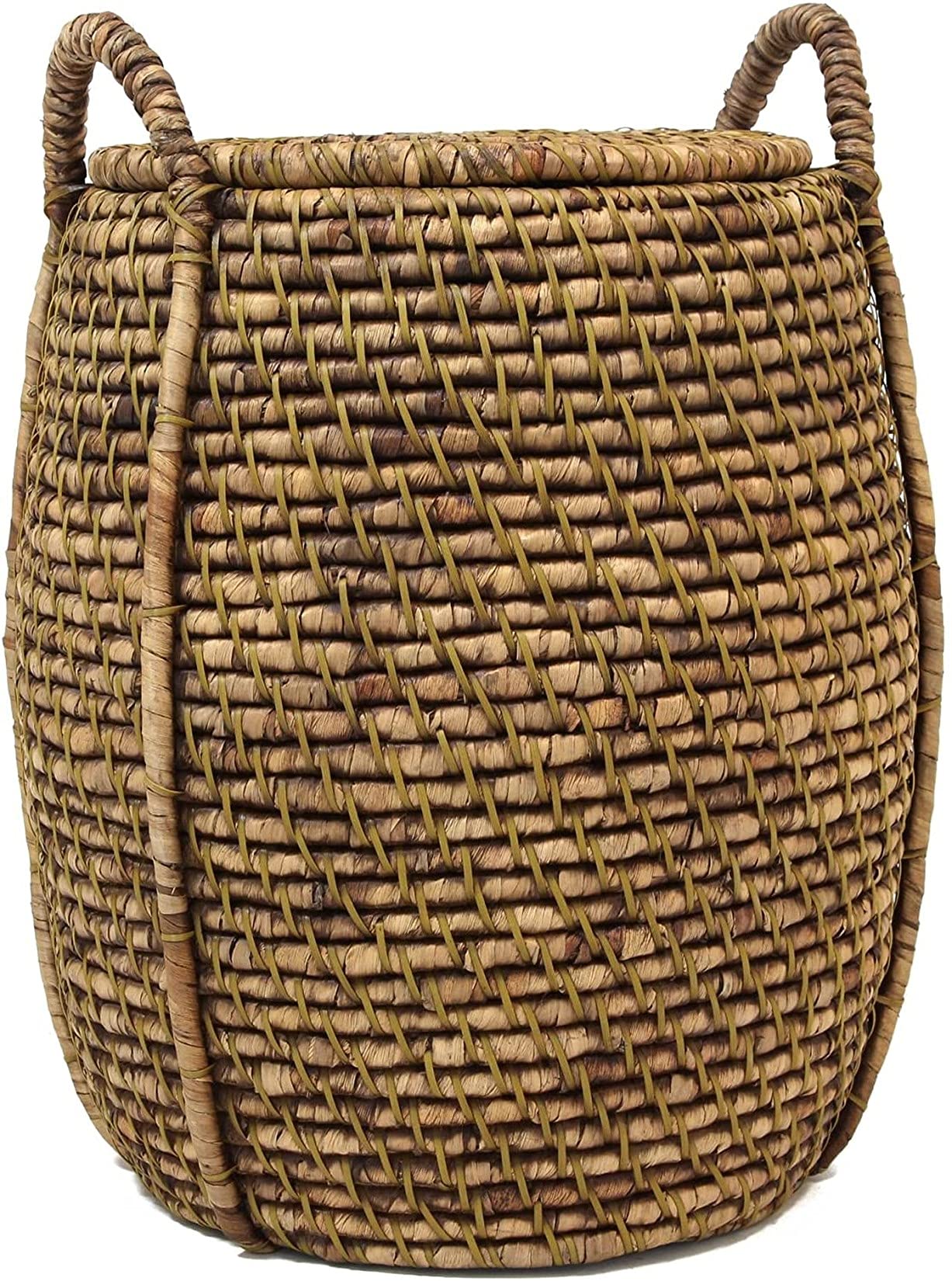 Dekoleidenschaft Wäschekorb "Oriental Heat", geflochten aus Seegras, Bambus und Wasserhyazinthe, Wäschesammler mit Deckel, großer Aufbewahrungskorb, Wäschetonne, Flechtkorb, Schmutzwäsche-Behälter