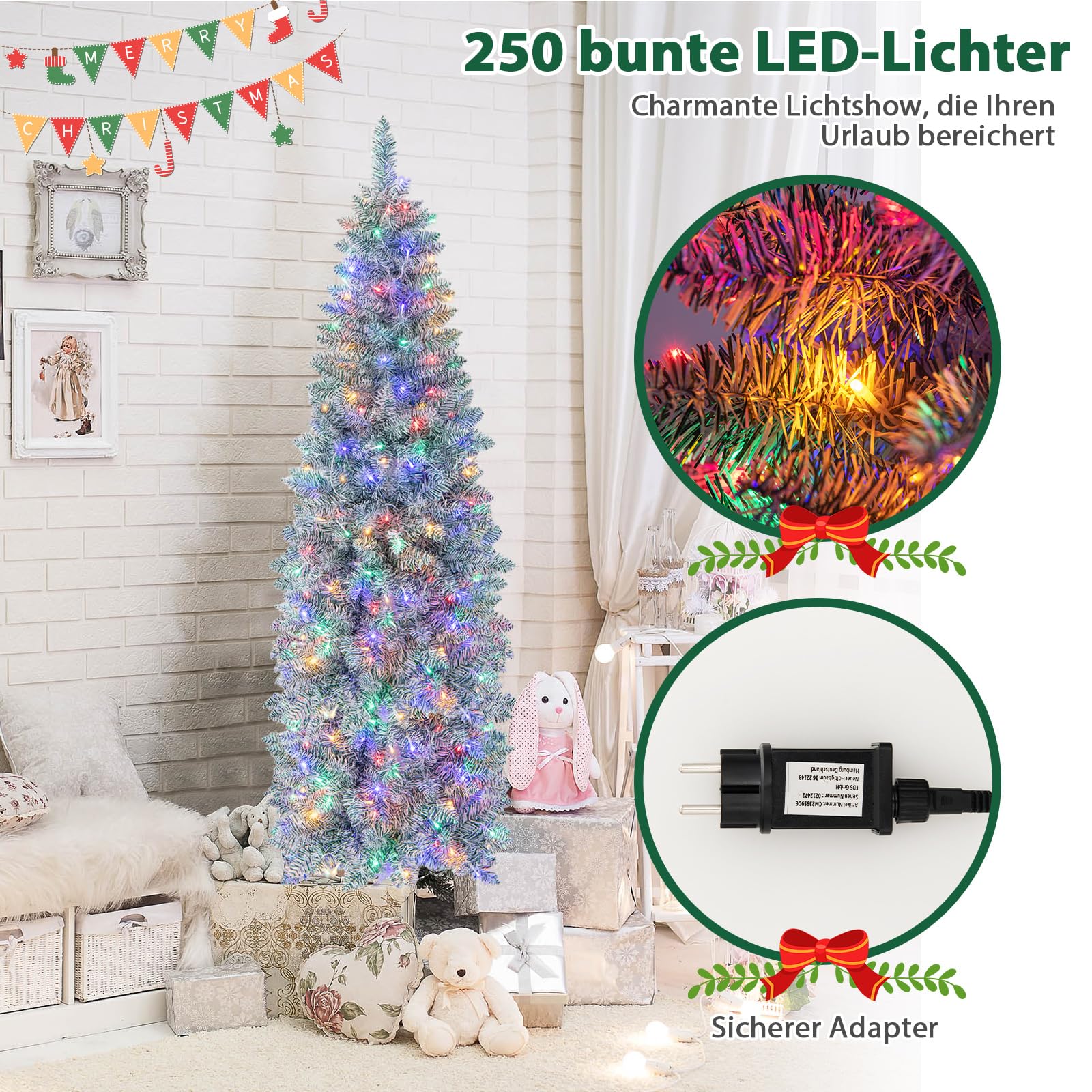 COSTWAY 180cm künstlicher Weihnachtsbaum Bleistift, LED Tannenbaum mit Beleuchtung, schlanker Christbaum mit mehrfarbigen Lichtern, Kunstbaum mit Metallständer für Weihnachten, Grün+Weiß