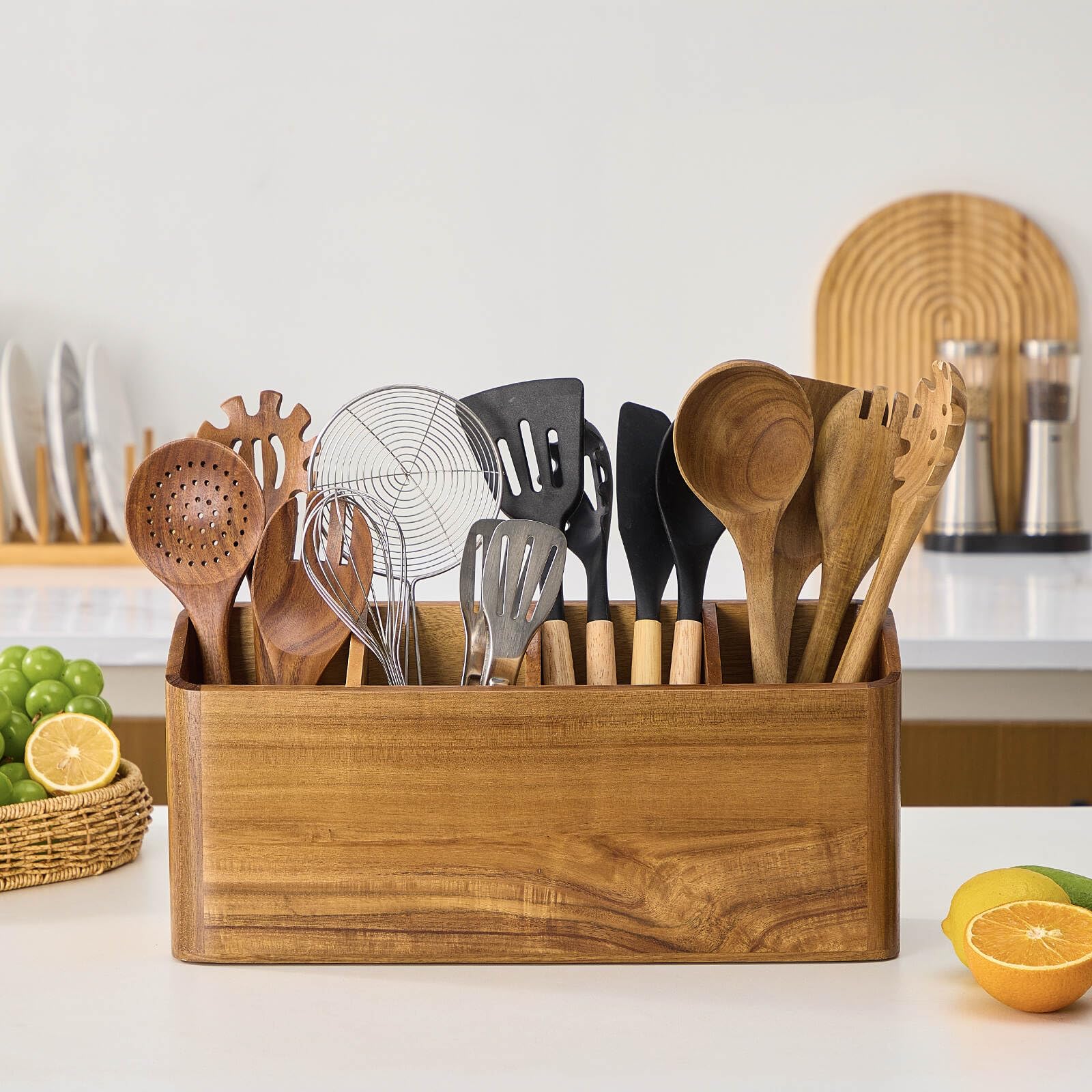 Utensilienhalter aus Holz für Küchentheke, Akazienholz, Küchenutensilienhalter für Arbeitsplatte mit 4 Fächern, Kochutensilien-Organizer, Besteck-Caddy (Akazienholz, 4 Fächer)