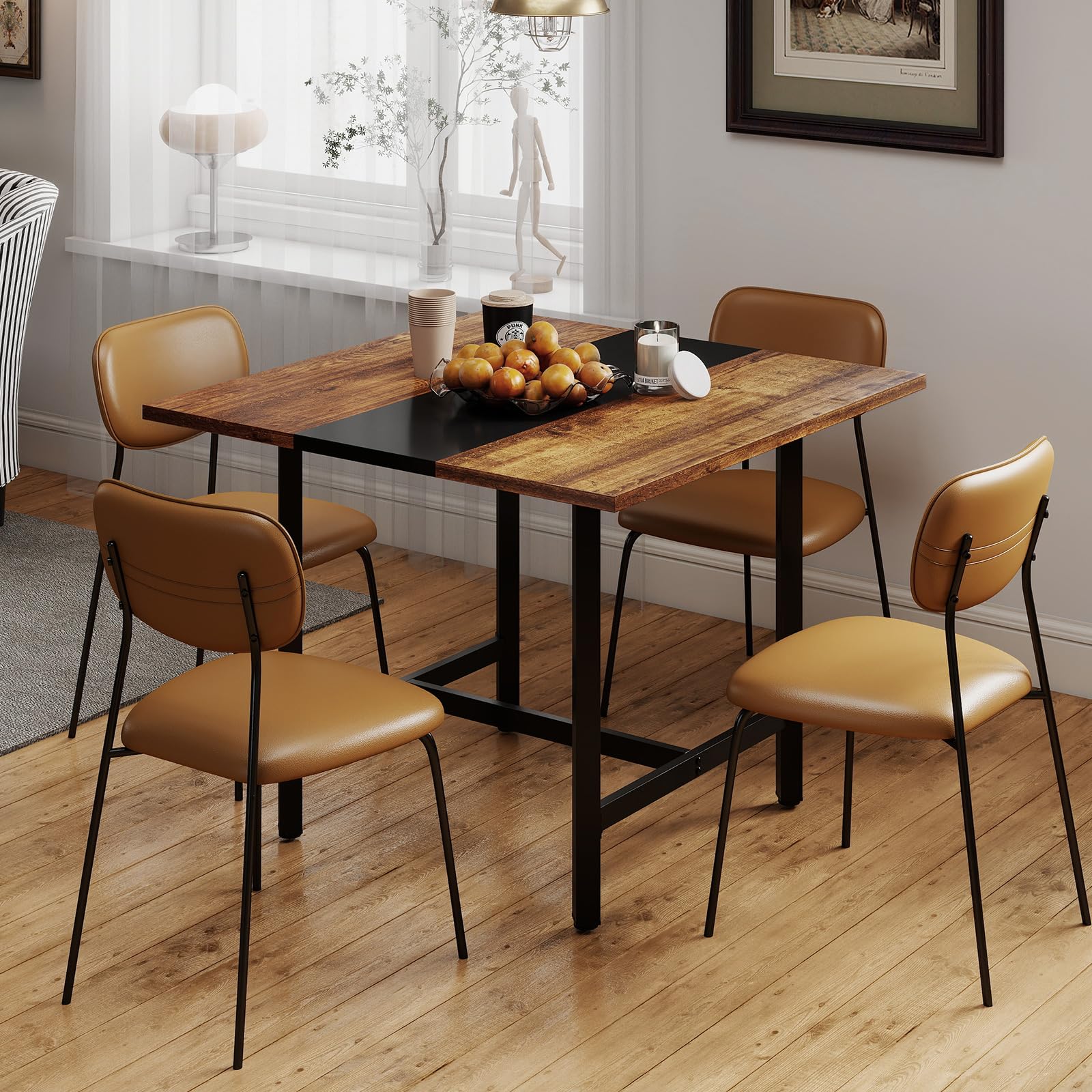 COSTWAY Konferenztisch, quadratischer Besprechungstisch mit Metallrahmen, Seminartisch zusammensetzbar für 4 Personen, Büro, Vorstandszimmer, Esszimmer (100 x 100 x 75 cm,Rustikal Braun + Schwarz)