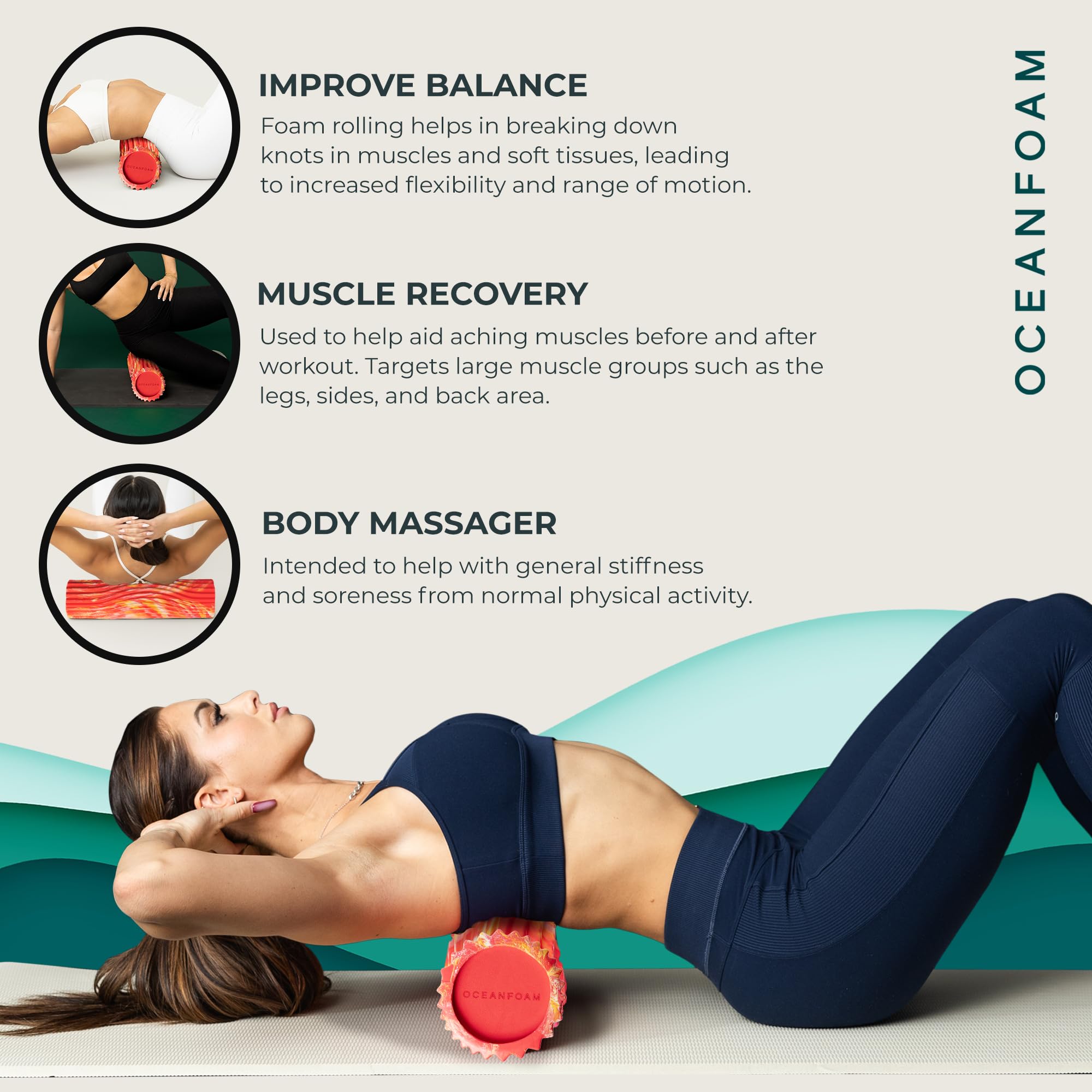 Oceanfoam Tidal Roller – Muskelmassage-Schaumstoffrolle für Rückenschmerzen und Dehnung – Breite Wellenstruktur – ergonomisches Design – Yoga und Leichtathletik – volle Größe, 50,8 x 12,7 cm – Rot
