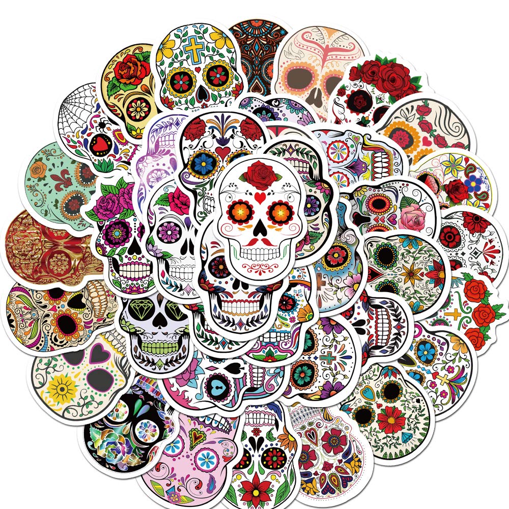 Tuqiso 50 Pieces Skull Stickers Halloween Sugar Skull Decals Dia de Los Muertos Mexican Day of Dead Sticker for Laptop Water Bottle Luggage Bike Computer