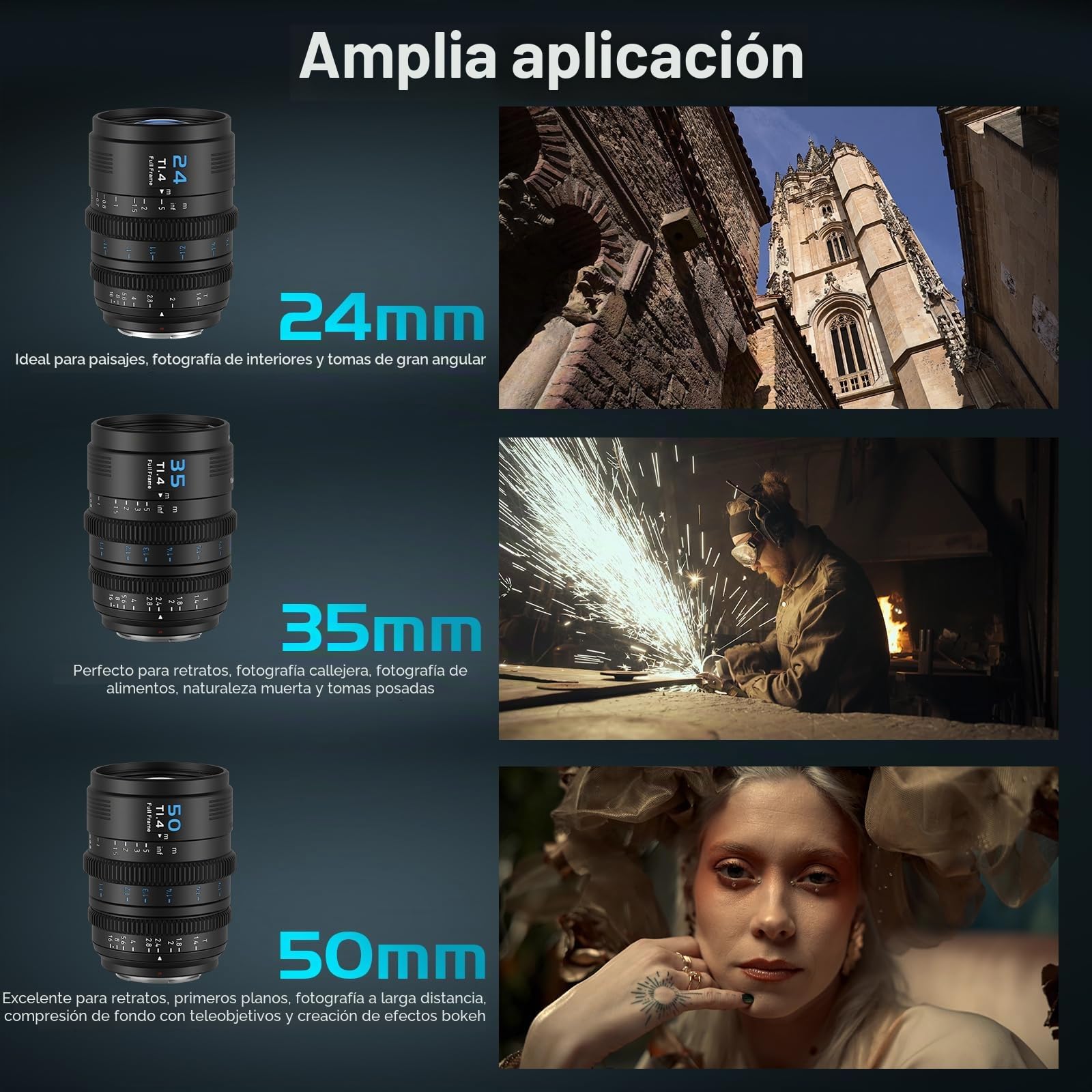 SIRUI VP-1 Vision Prime 1 T1.4 Full Frame Cine Lens Set, 24mm, 35mm, 50mm Lente de Cine de Enfoque Manual con Preinstalación E Montura, Interchangeable RF/Z/L Monturas, 1 Lens para 4 Monturas (Black)