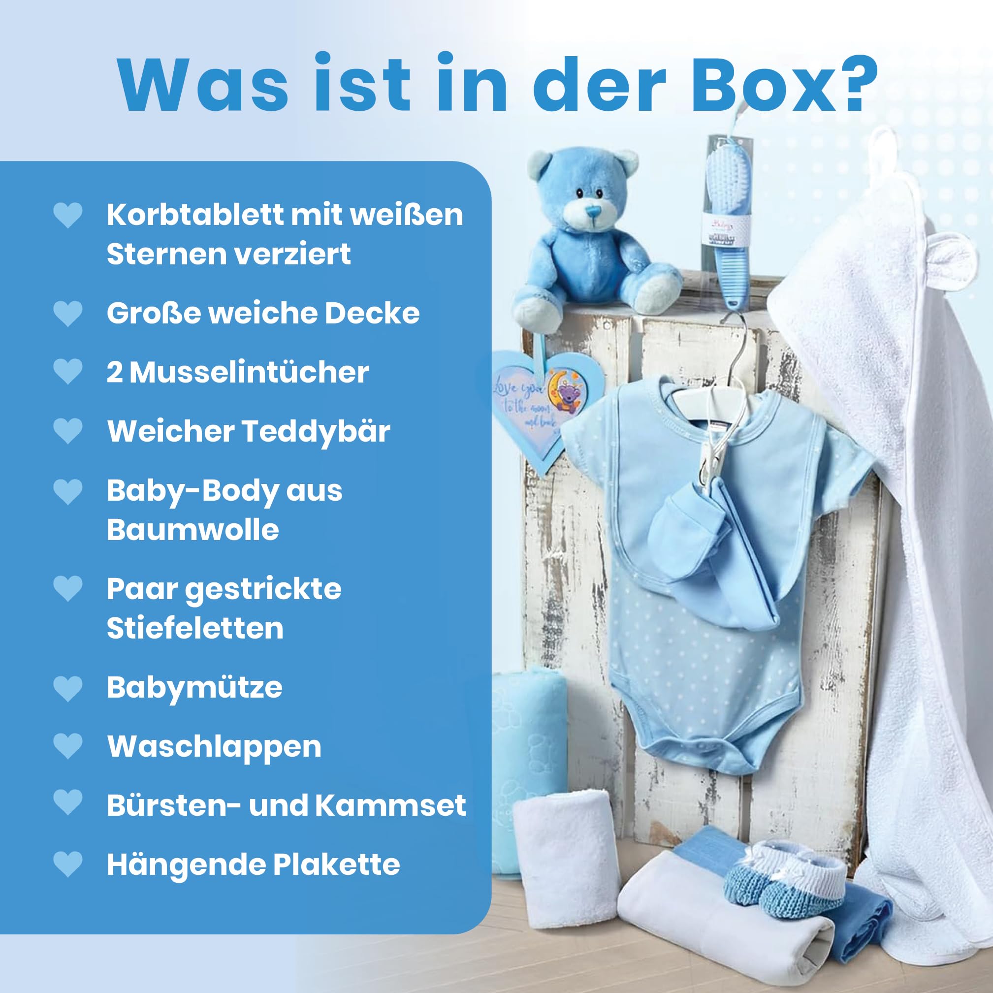 Baby Box Shop – 14 Babygeschenke zur Geburt Junge, ideal für Babypartys, Geschenke für Babypartys, mit neuen Baby-Essentials für Neugeborene Jungen und einem blauen Plüsch-Teddybären