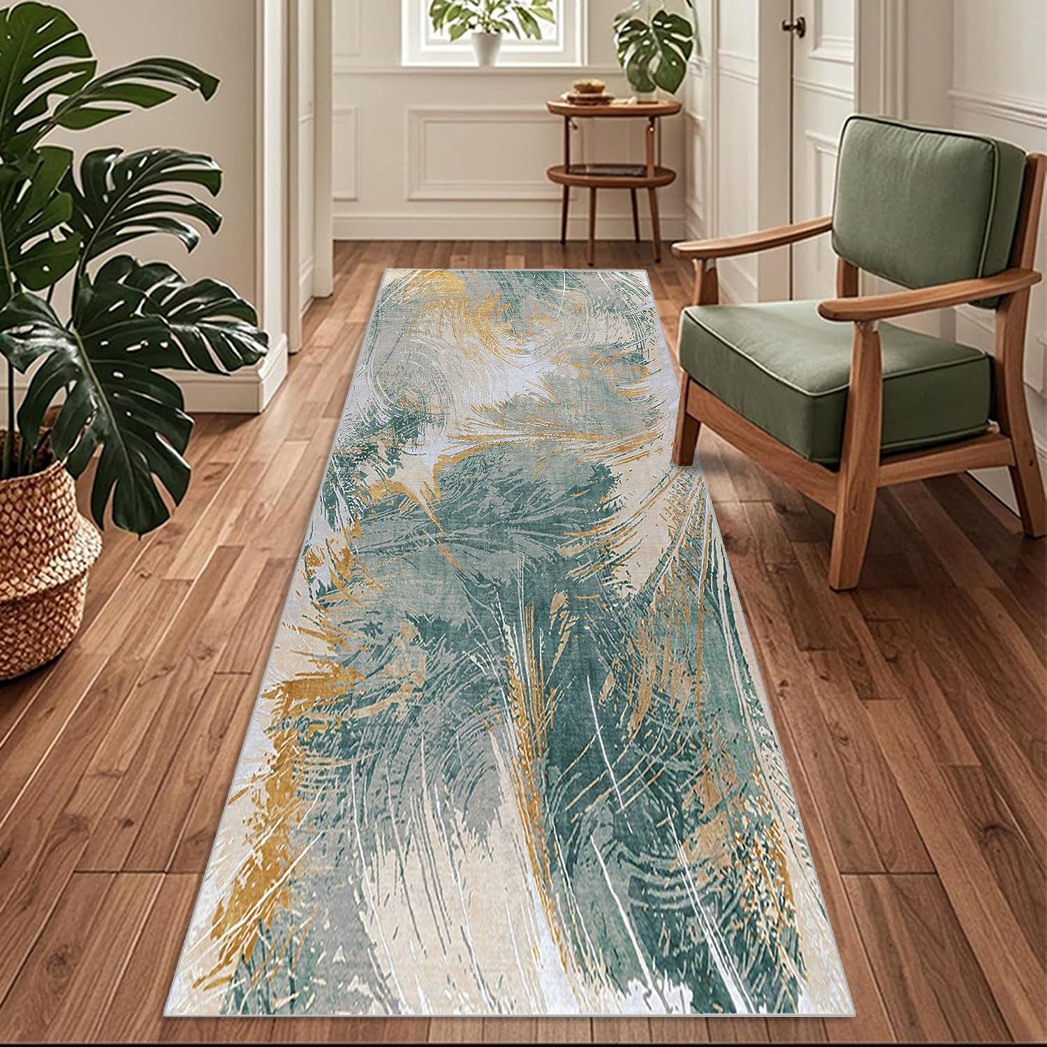 Tapis de passage 120x600 cm abstrait lavable pour protéger et habiller un long couloir