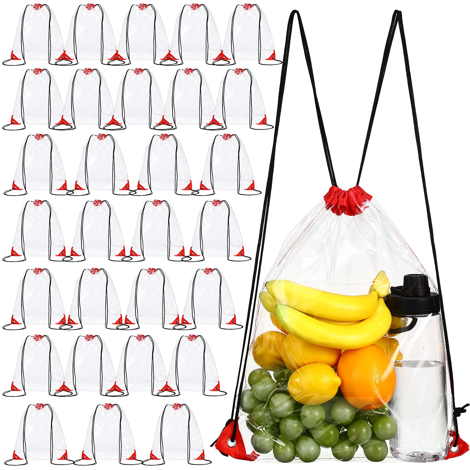 Shappy 30 Pcs Clear Drawstring Bag Plastic Drawstring Backpack Clear Waterproof PVC Backpack for Stadiums Sporting Events (Red)