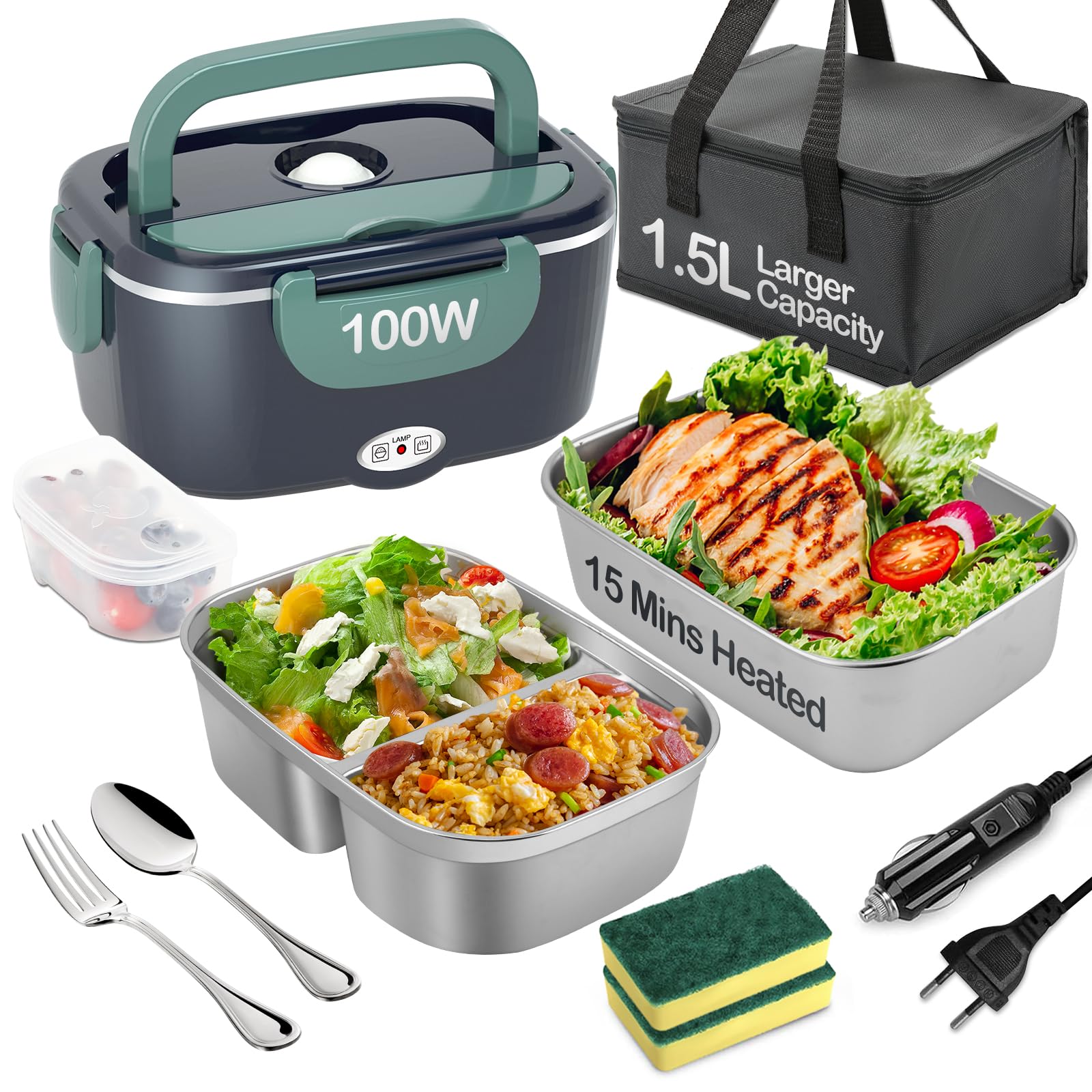 Boîte à déjeuner électrique 100 W, 3 en 1, portable, en acier inoxydable, 1,5 l, boîte à pain amovible, 12 V/24 V/220 V, pour voiture, camion, bureau (bleu et vert, 1,5 l)