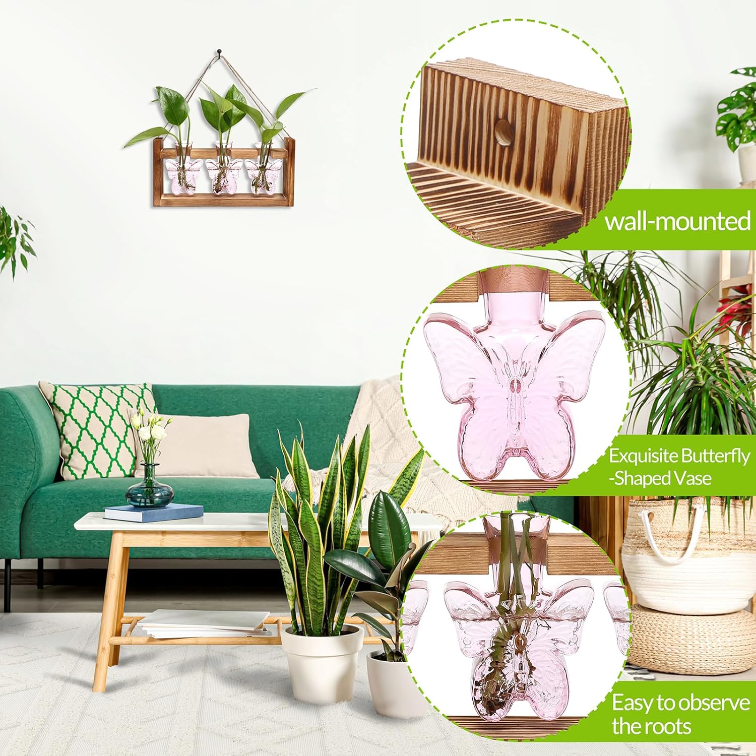 Glass Plant Propagation Station Butterfly Vases for Plants Birthday Gifts for Women Mom Office Home Decoration with Wooden Stand - Image 3