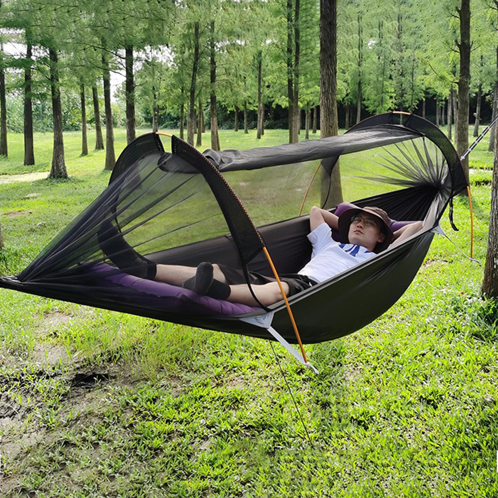 Amaca Da Campeggio, Tenda Amaca con Zanzariera Integrata Allungabile | 106x55 Pollici Tela Resistente Portata 200kg Impermeabile Anti UV Facile Installazione Alberi Cinghie