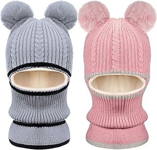 2 Pieces Kids Hood Scarf Kids Knit Hat Winter Thick Earflap Skull Caps for Boy Girls (Pink, Gray)