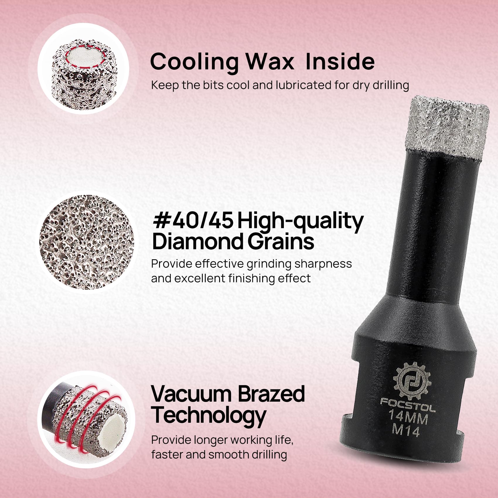 FOCSTOL Diamond Core Drill Bit - 2pcs 14mm Diamond Hole Saw for Porcelain Ceramic Tile Marble Granite Quartz M14 Thread - Image 3