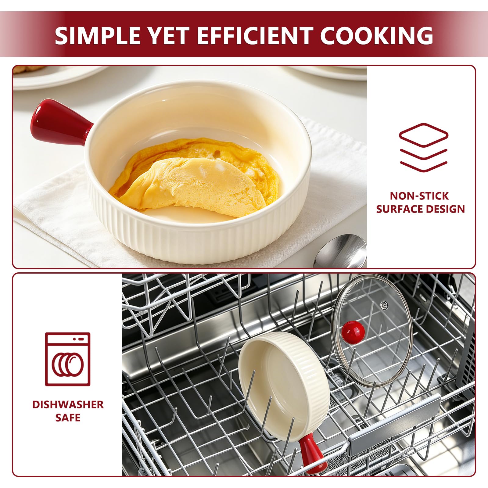 Cuociuova in ceramica per microonde, antiaderente, strapazzato con coperchio, senza BPA e senza plastica, cottura rapida con coperchio e mano cava, lavabile in lavastoviglie (rosso)