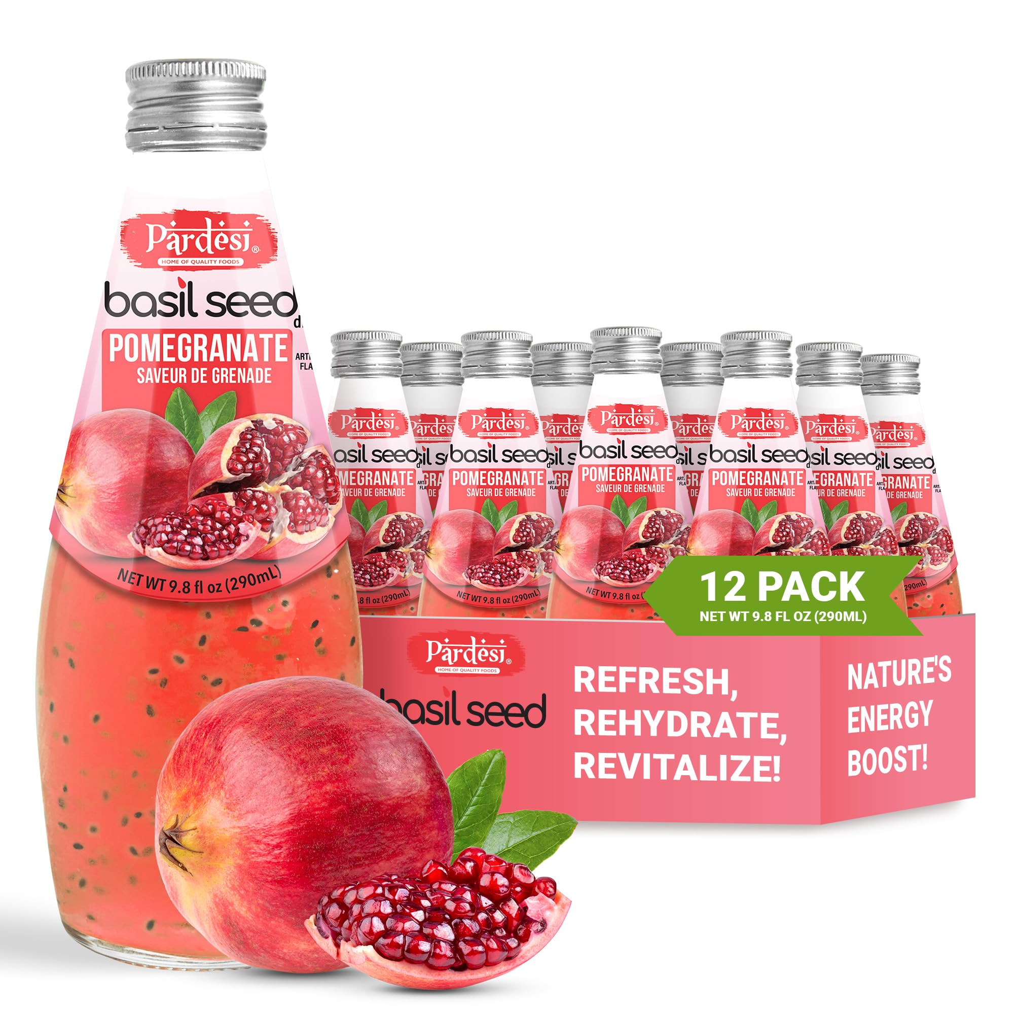Pardesi Basil Seed Drink Pomegranate Flavor 290ml 9.8 Fl Oz | Pack of 12 (117.6 FL Oz ) | Naturally Refreshing & Cooling | Rich in Antioxidants, Fiber & Omega-3 | Real Basil Seeds for Digestive Health & Hydration.