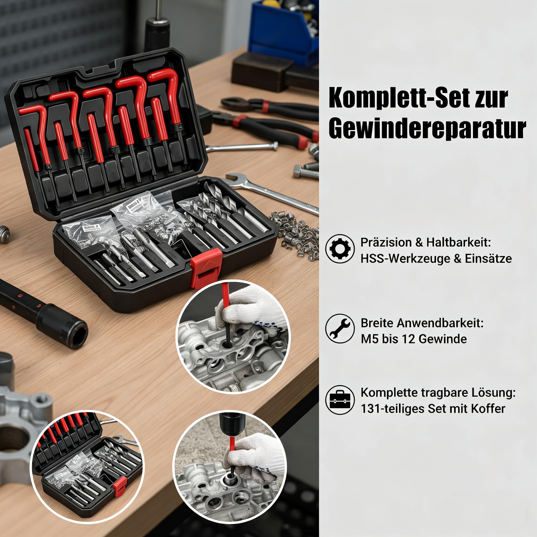 Helicoil Gewindereparatur Set 131-teilig HSS – Komplettset für M5, M6, M8, M10, M12 mit Spiralbohrern, T-Griffen & Metallbox | Für Auto, Motorblock, Getriebe & Maschinenreparatur