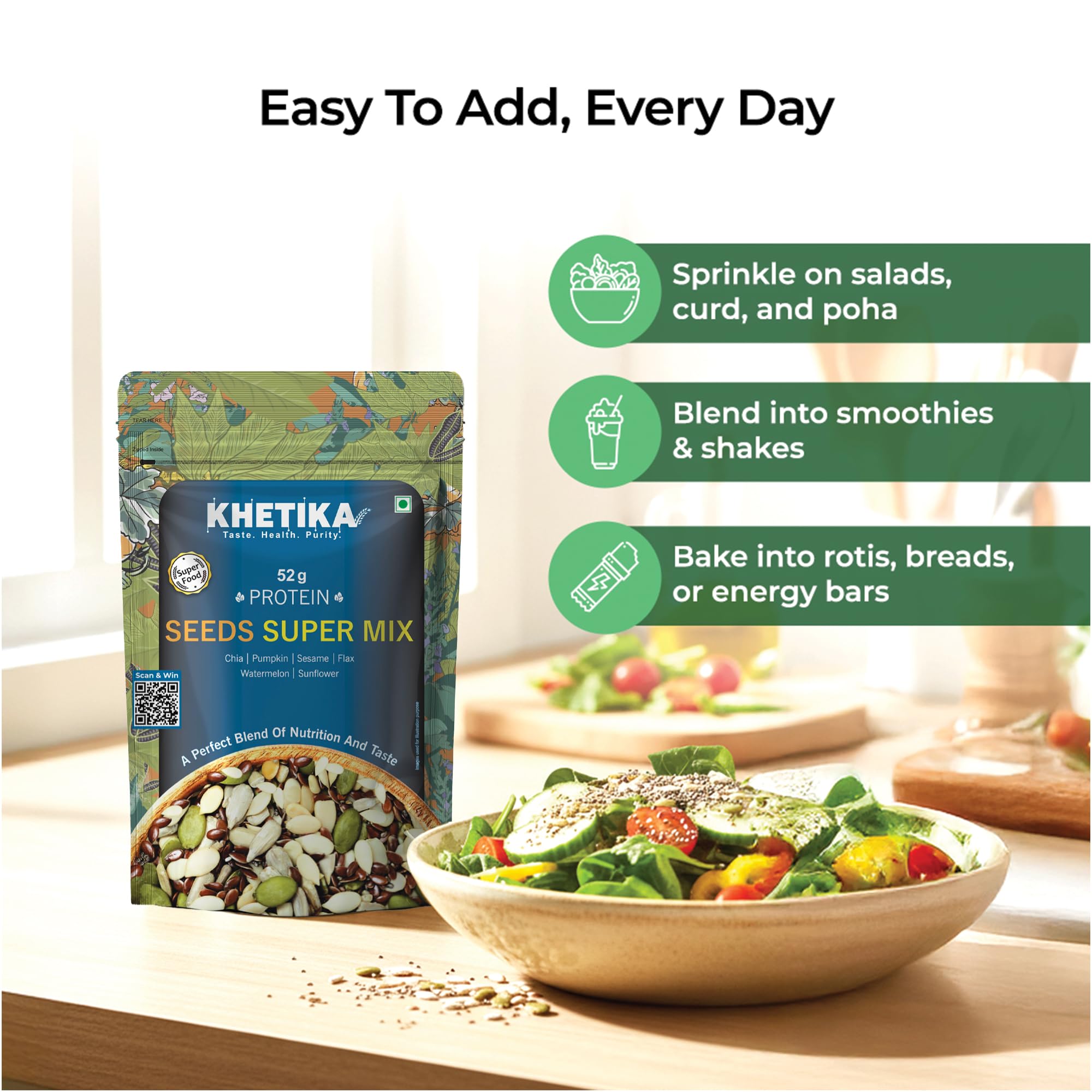 Khetika Super Seeds Mix 200g I 52g Rich Protein Superfood I Contains Pumpkin, Sunflower, Watermelon, Sesame, Flax, Chia Seed I Rich in Protein & Dietary Fibre 1