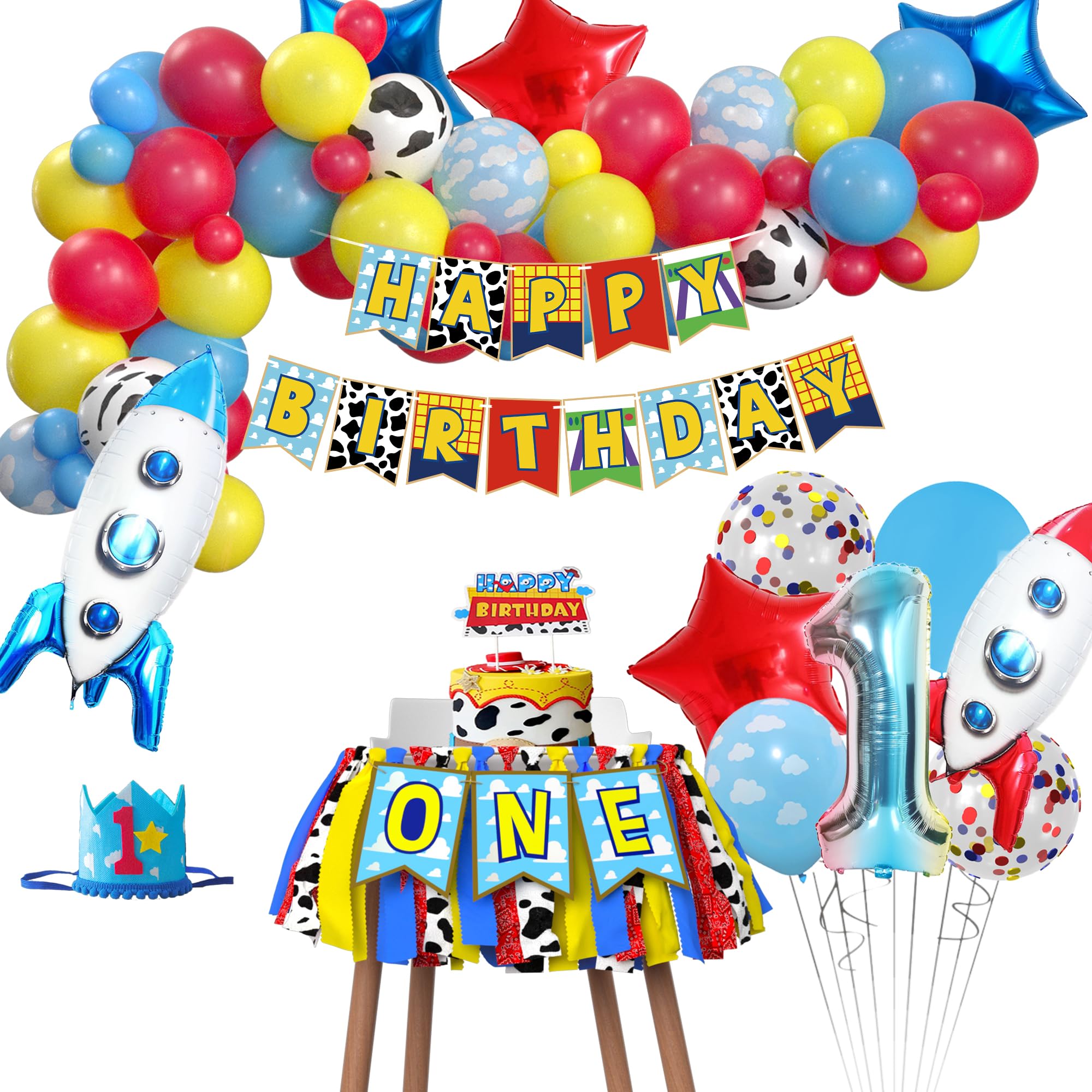 Cartoon Toy 1st Birthday Party Supplies - Toy Cartoon First Birthday Decorations, Balloon arch, Highchair Banner, Banner, Crown, Cake Topper, Toy Theme One Year Old Birthday Party Decorations