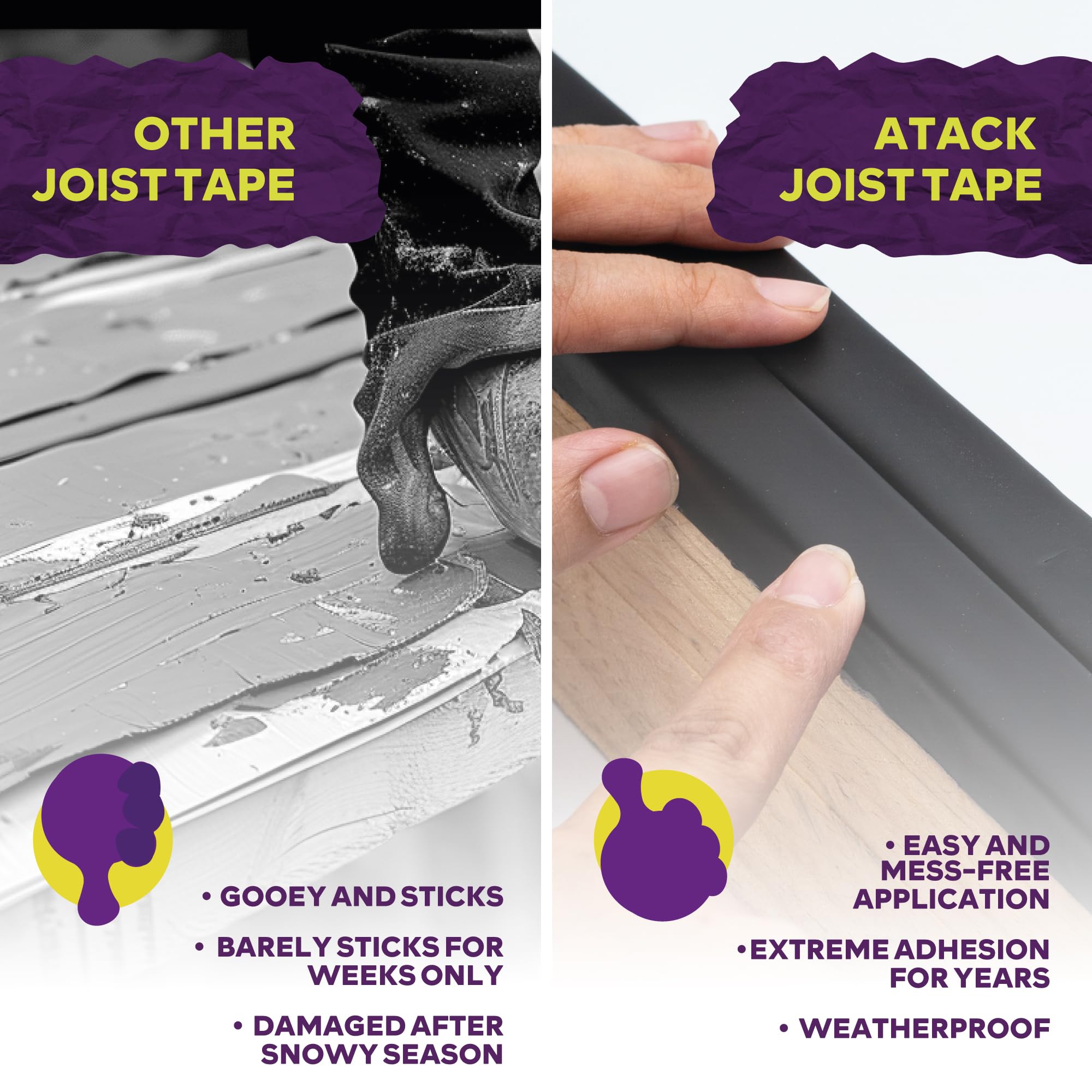 ATack Cinta impermeable de 2 pulgadas x 50 pies, sellador intermitente de butilo que no se encoge, cinta de vigueta de borde de alta adherencia para protección durante todo el año en madera, metal