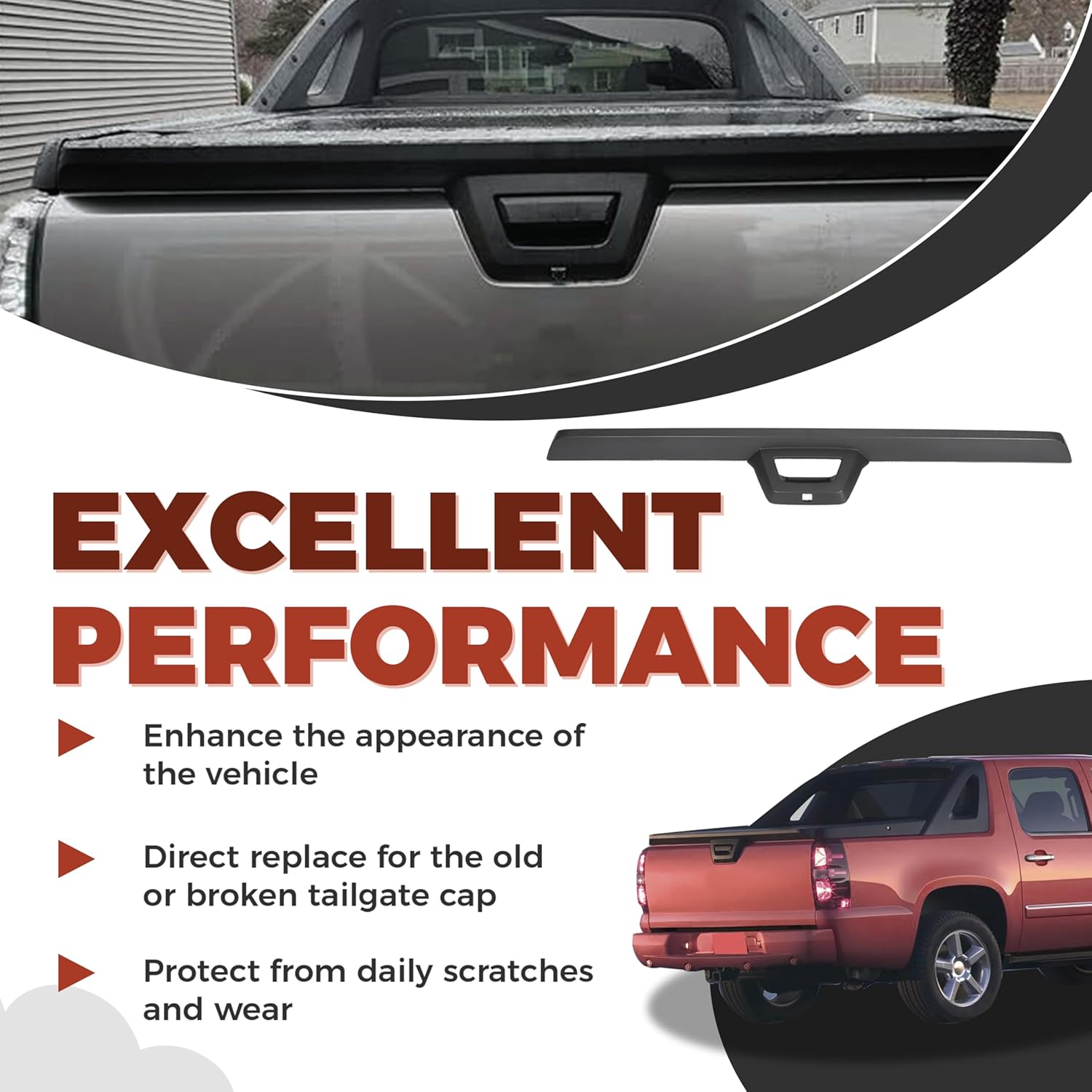 ECOTRIC Tailgate Cap Cover Top Molding Trim Spoiler Compatible with 2007-2013 Chevy Chevrolet Avalanche & Cadillac Escalade EXT W/Camera Hole