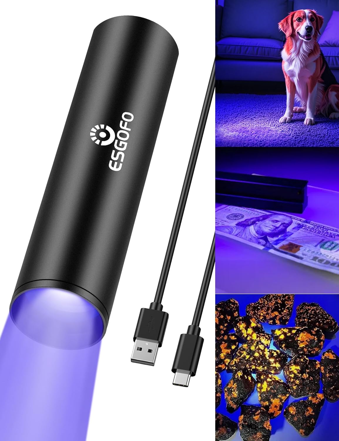 Esgofo 365nm UV Flashlight Mini, Ultraviolet Small Black Light Flash Lights USB C Rechargeable, Portable Handheld LED Blacklight for Pet Urine Detection Scorpion Resin Curing