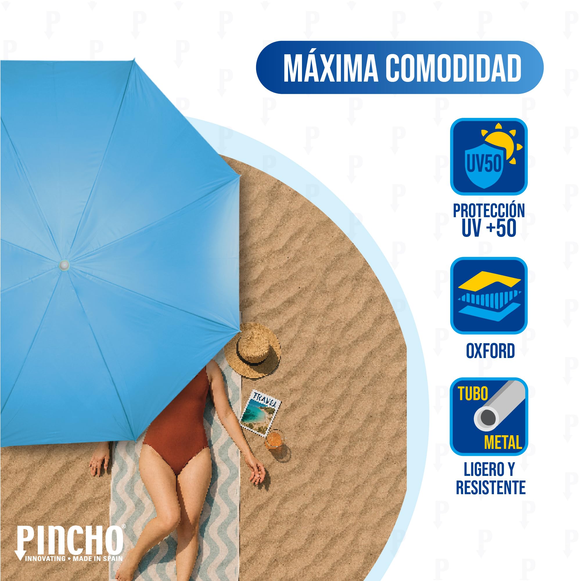 Pincho Grand parasol de plage 200 cm, anti-vent jusqu'à 35 km/h, protection UV 50, aluminium, 8 + 8 baleines, fibre de verre, tube de 28-32 mm, manche inclinable, montage rapide 30 secondes, sac de