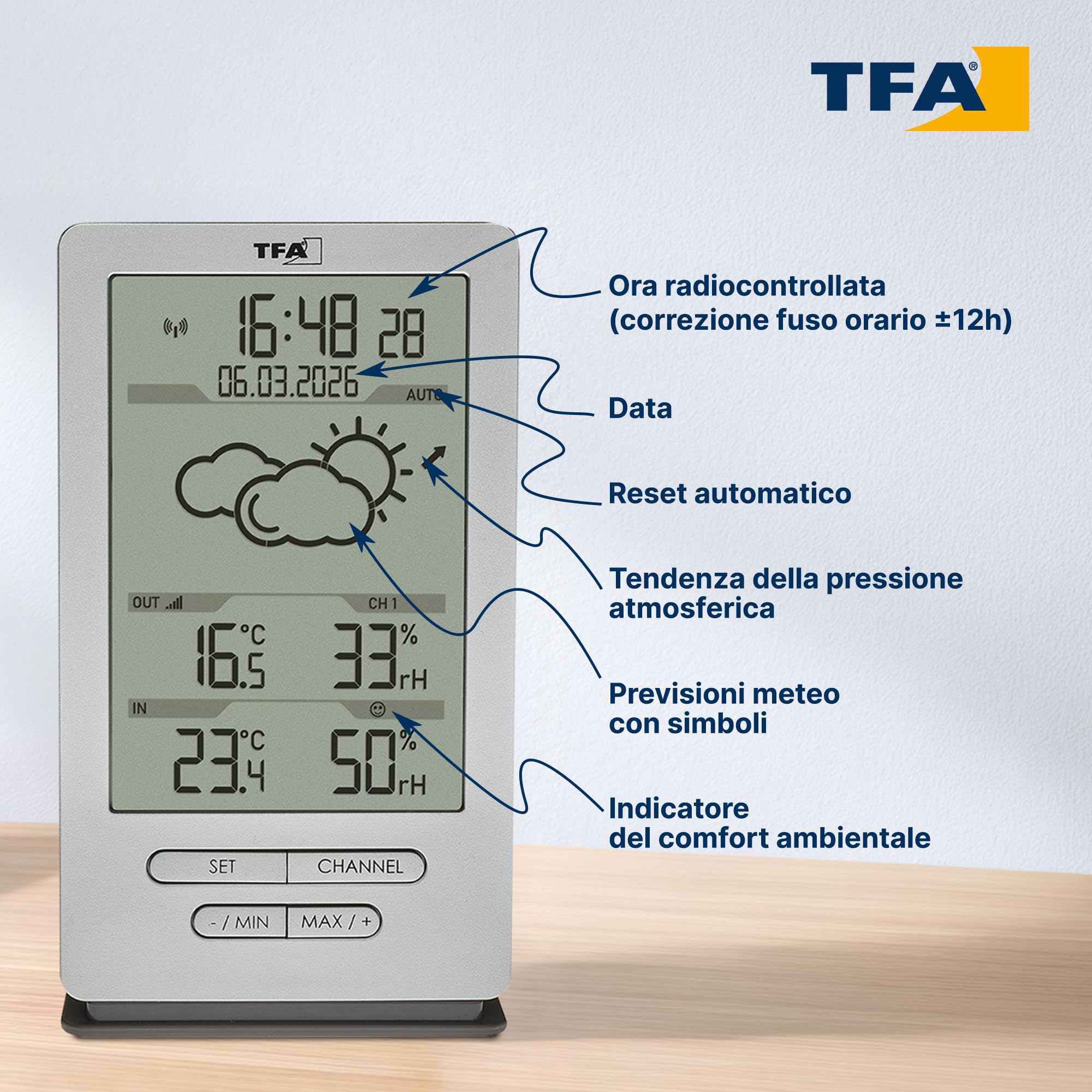 TFA Dostmann stazione meteo wireless 35.1162.54 argento