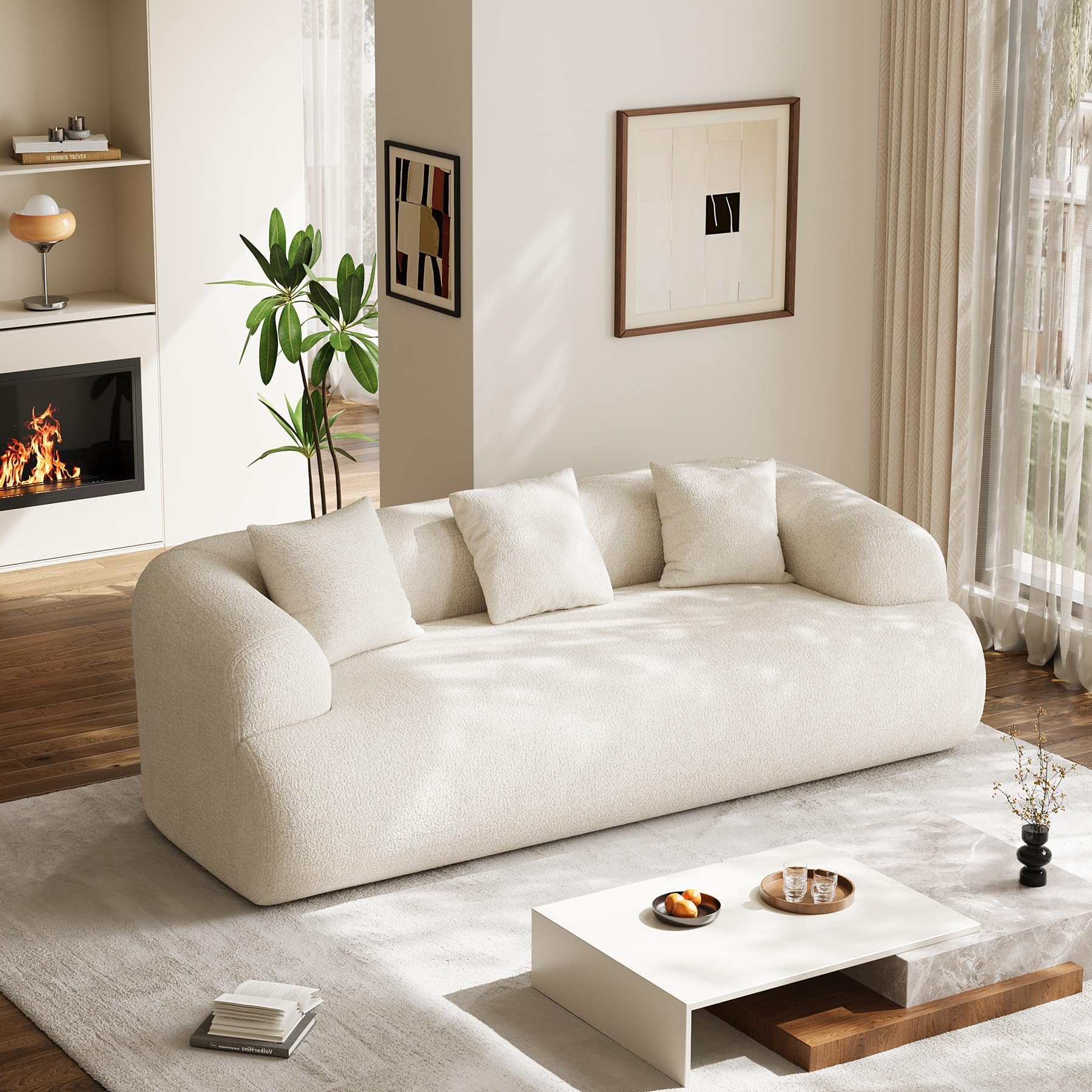 Oversized Sectional Sofa for Living Room, Modern Luxury Plush Chenille 3-Seater Extra Deep & Wide Seat Curved Cloud Couch with 3 Throw Pillows, No Assembly Needed, Cream White （91 inch）