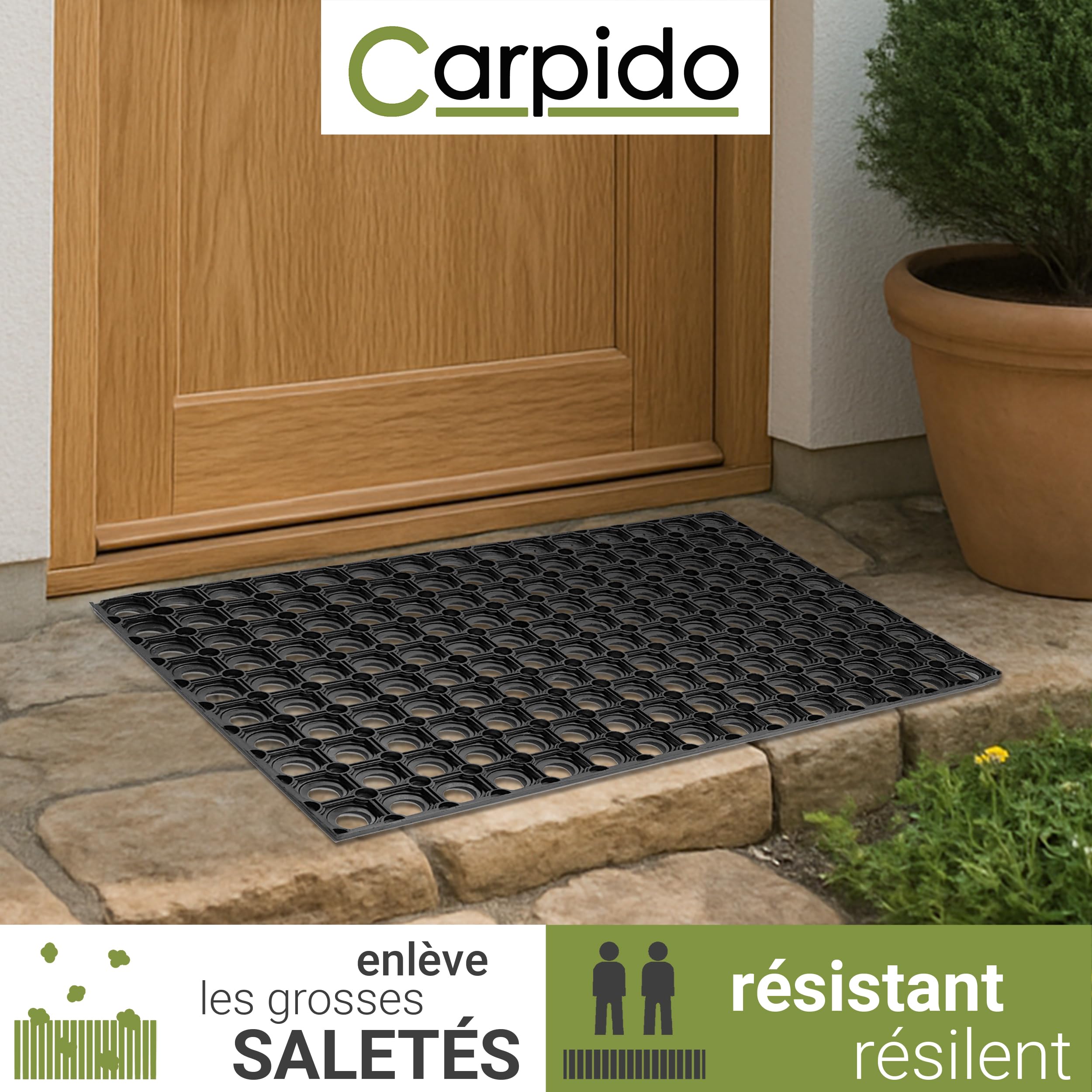 Carpido Paillasson Noir Tapis Caoutchouc - Paillasson Antidérapant 40x60 cm - Résistant - Extérieur Caoutchouc - Tapis Anti-salissures