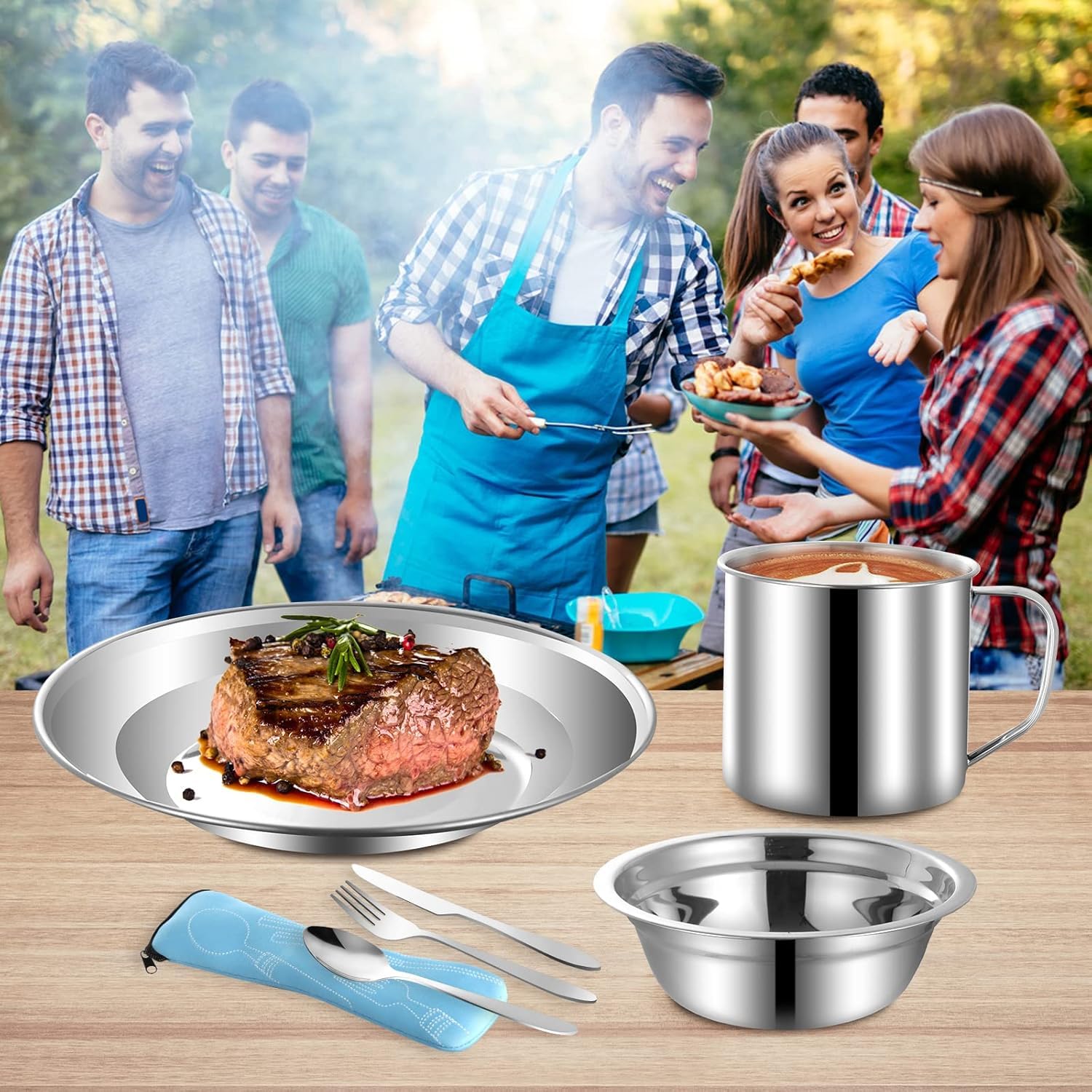 Lot de 20 couverts de camping en acier inoxydable pour 2 à 3 personnes - Comprend plaque, bol, cuillère, fourchette, couteau avec sac en maille pour le camping et les randonnées