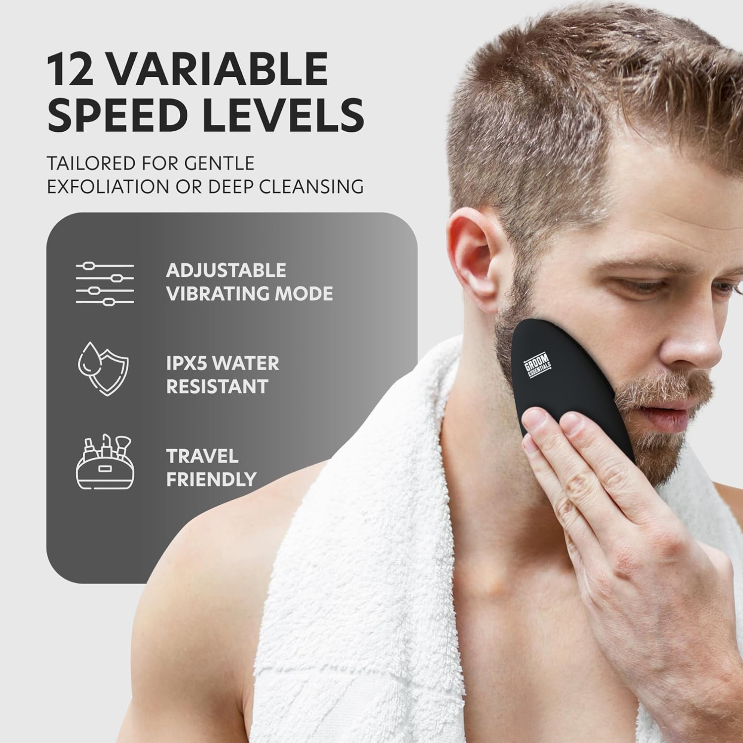 ChargeWorx Groom Essentials Rechargeable Silicone Face Scrubber, Sonic Face-and-Eye Massager, Pore-Cleansing Brush, IPX5 Water-Resistant, Battery Operated with USB Charging Cable, Black - Image 4