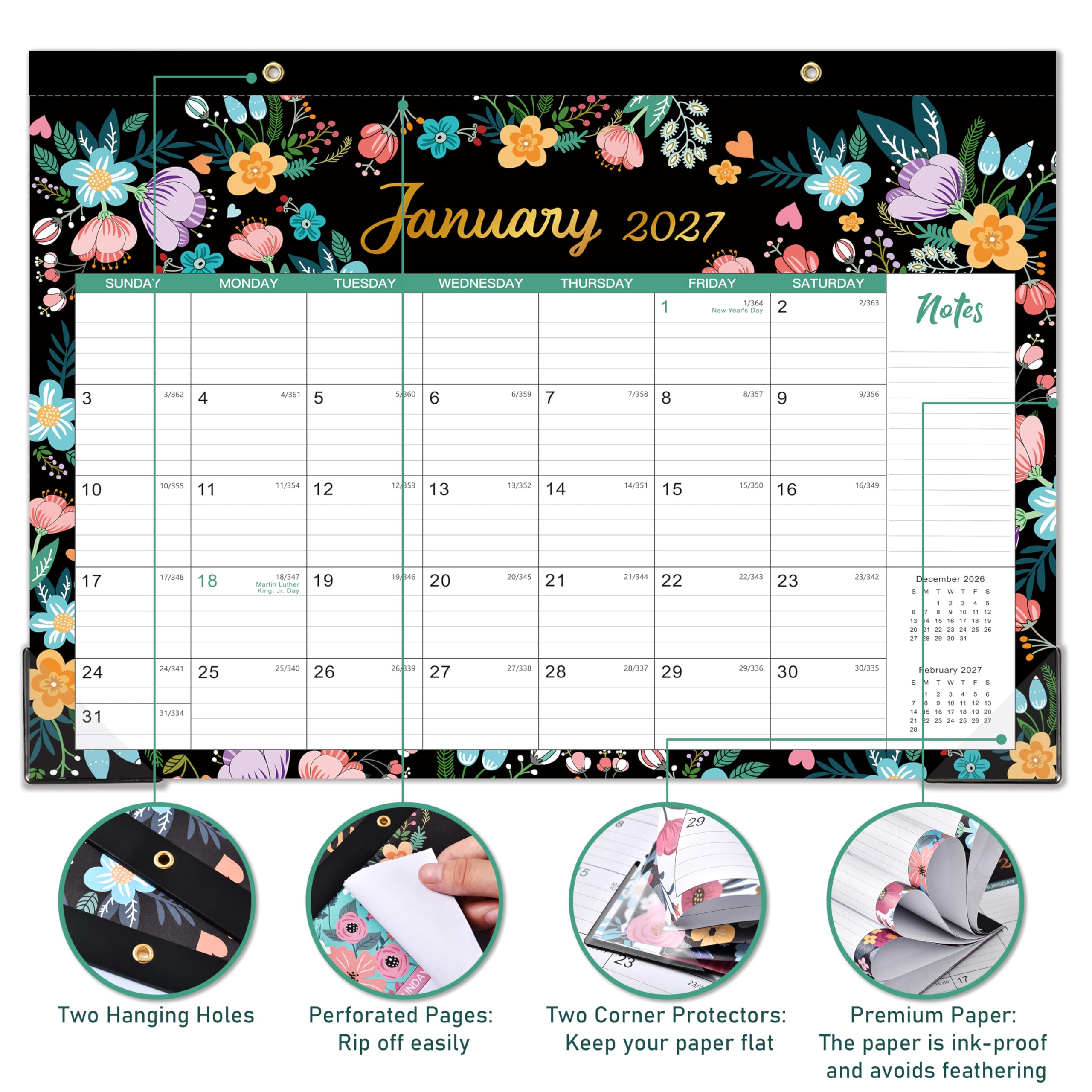 Desk Calendar 2024-2024 Desk Calendar, 12 Mensual Desk/Calendario de pared, Ene. 2024 - Dic 2024, 16.8" x 12", Calendario de escritorio con papel grueso + protectores de esquina + bloques grandes