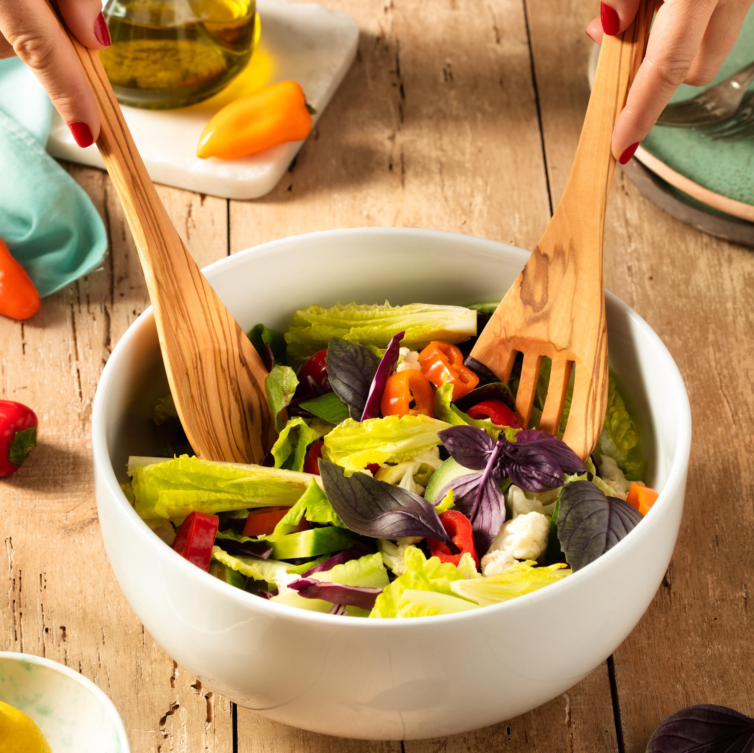 Demy Craft Zeytin Ağacı El Yapımı 2 Parça Salata Servis Seti, Ahşap Kaşık ve Çatal, 30 cm.