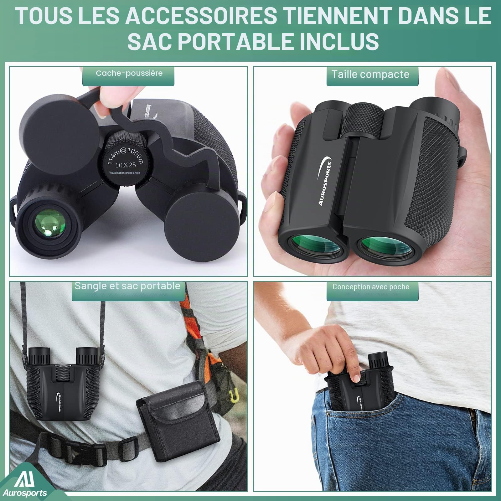 Jumelles Compactes Puissante 10x25 pour Adultes Enfants Aurosports, Jumelles Puissante avec BAK4 Prime, Faible éclairage Clair Vision, Idéal pour Sports de Plein air Jeux et Les Concerts