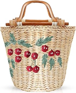 QTKJ Straw Bag, Beach Bag for Women, Handwoven Handbag Vintage Cherry Pattern Embroidery Creative Wooden Handle, Large Rattan Tote Bag Suitable for Vacation Seaside Travel