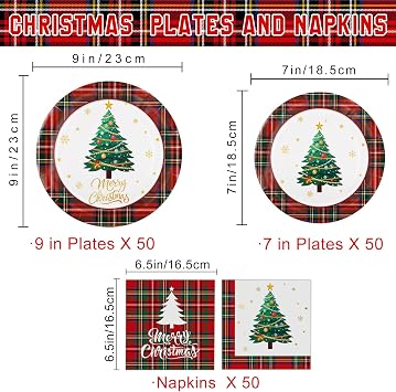 LINHAXM 150 PCS Christmas Plates and Napkins - Xmas Tree Red Plaid Disposable Dinner & Dessert Plates, Napkins for Holiday Merry Christmas Party Decorations, Serves 50