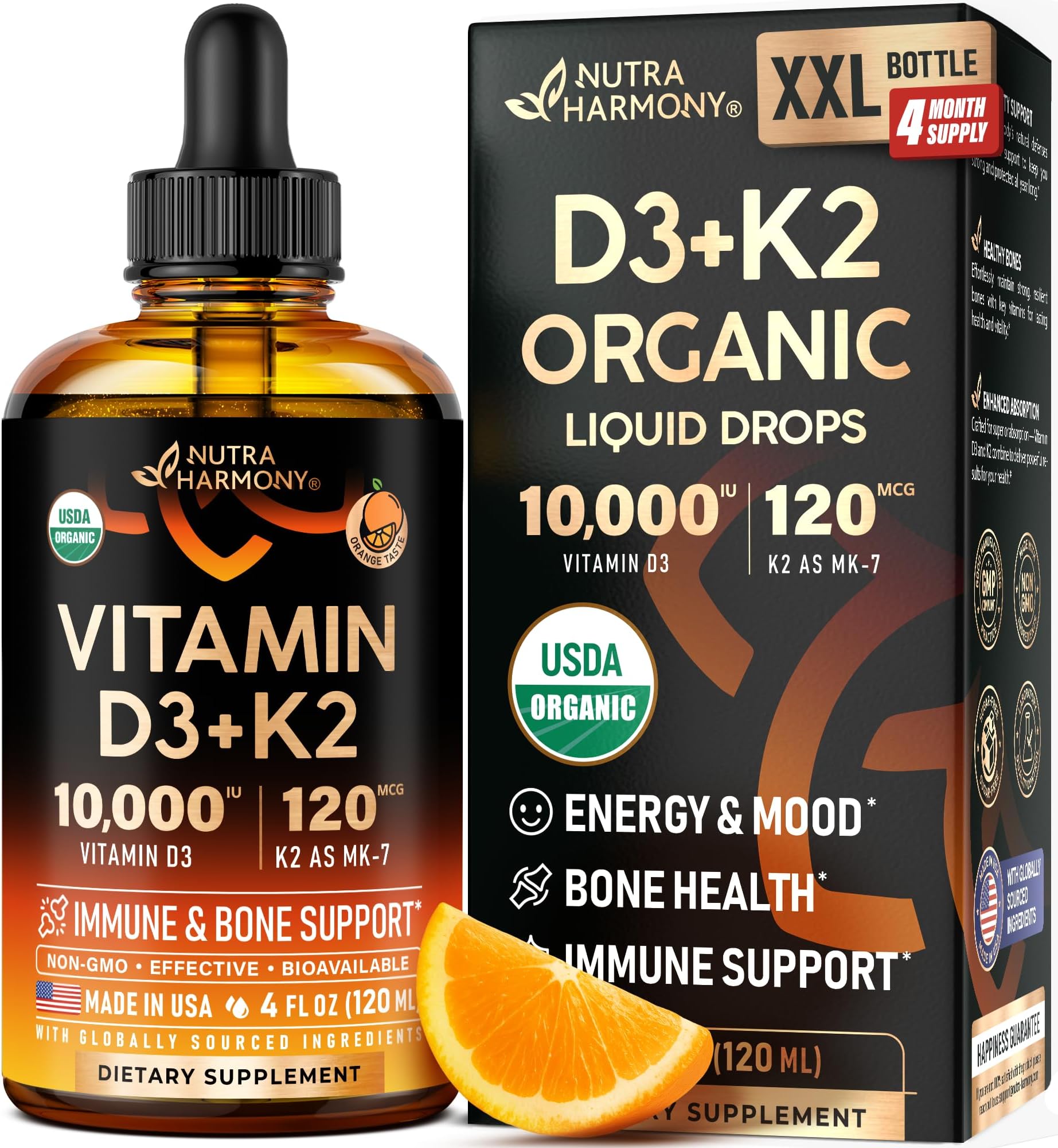 Vitamin D3 K2 USDA Organic Drops - Vitamin D3 10000 IU & K2 as MK-7 120mcg - Immune & Mood Support, Bone & Teeth Health - Sugar-Free Orange Flavor - Liquid Supplement - Made in USA - 4 FL OZ, 120 Days
