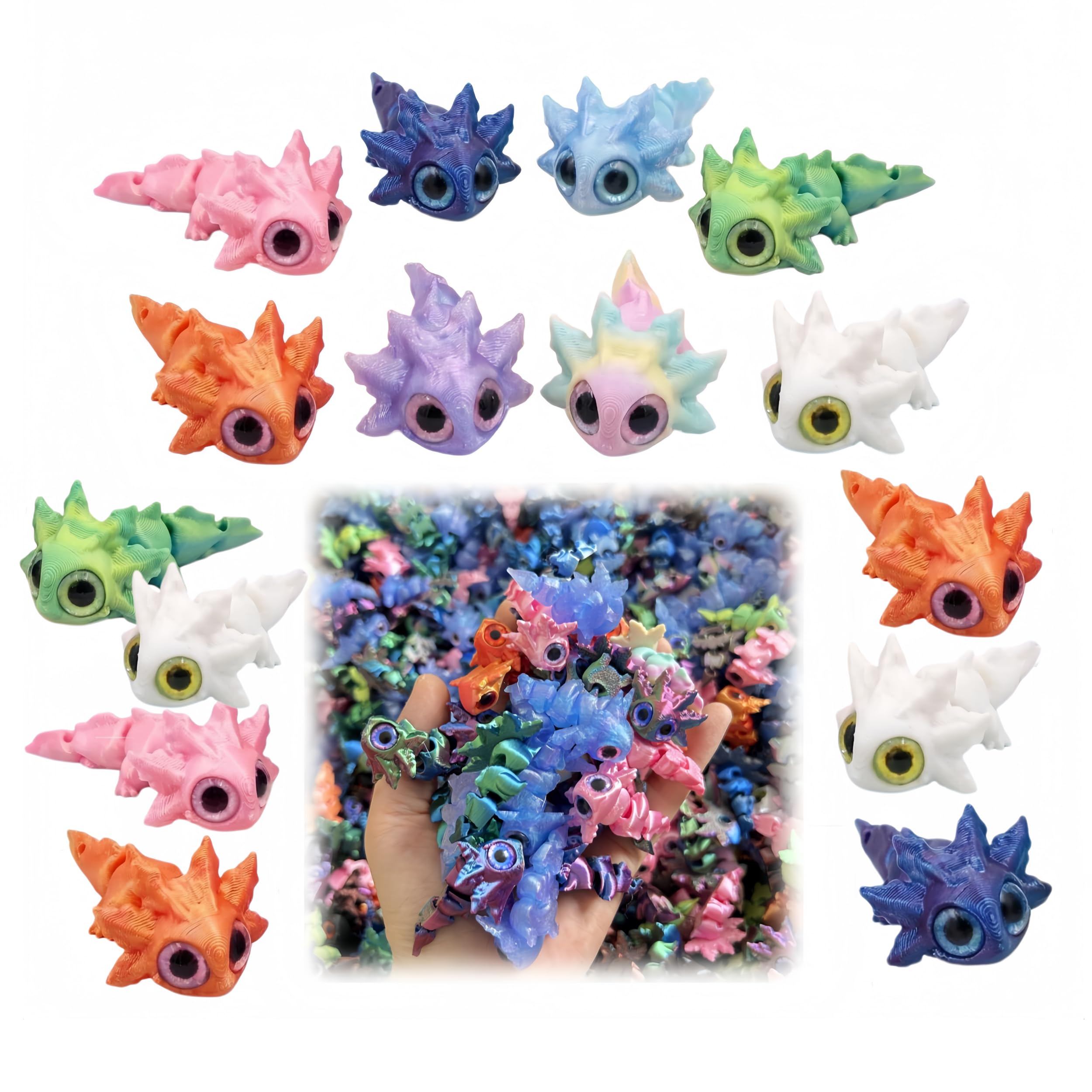 PLUSHCEWT 15 Pcs 3D Printed Animals Mixed, Big Eye Baby Axolotl Figurines with 360° Rotating Head, Cute Mini Animals, Colorful Fidget & Display Toys for Desk Decor, Collectors, Stress Relief Gift