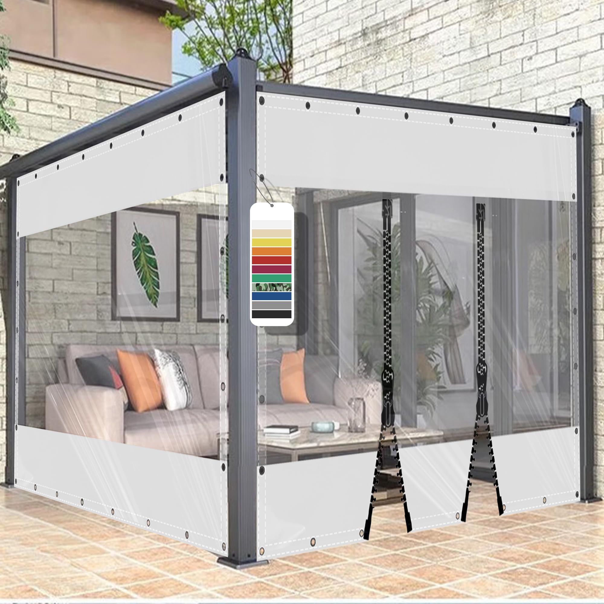 AMXFS Transparent tarpaulins with eyelets, crystal clear patio tarpaulin made of 580g/㎡ PVC White H2.8mxL4m Outdoor Curtain Weatherproof Waterproof Rain Cover without Zipper