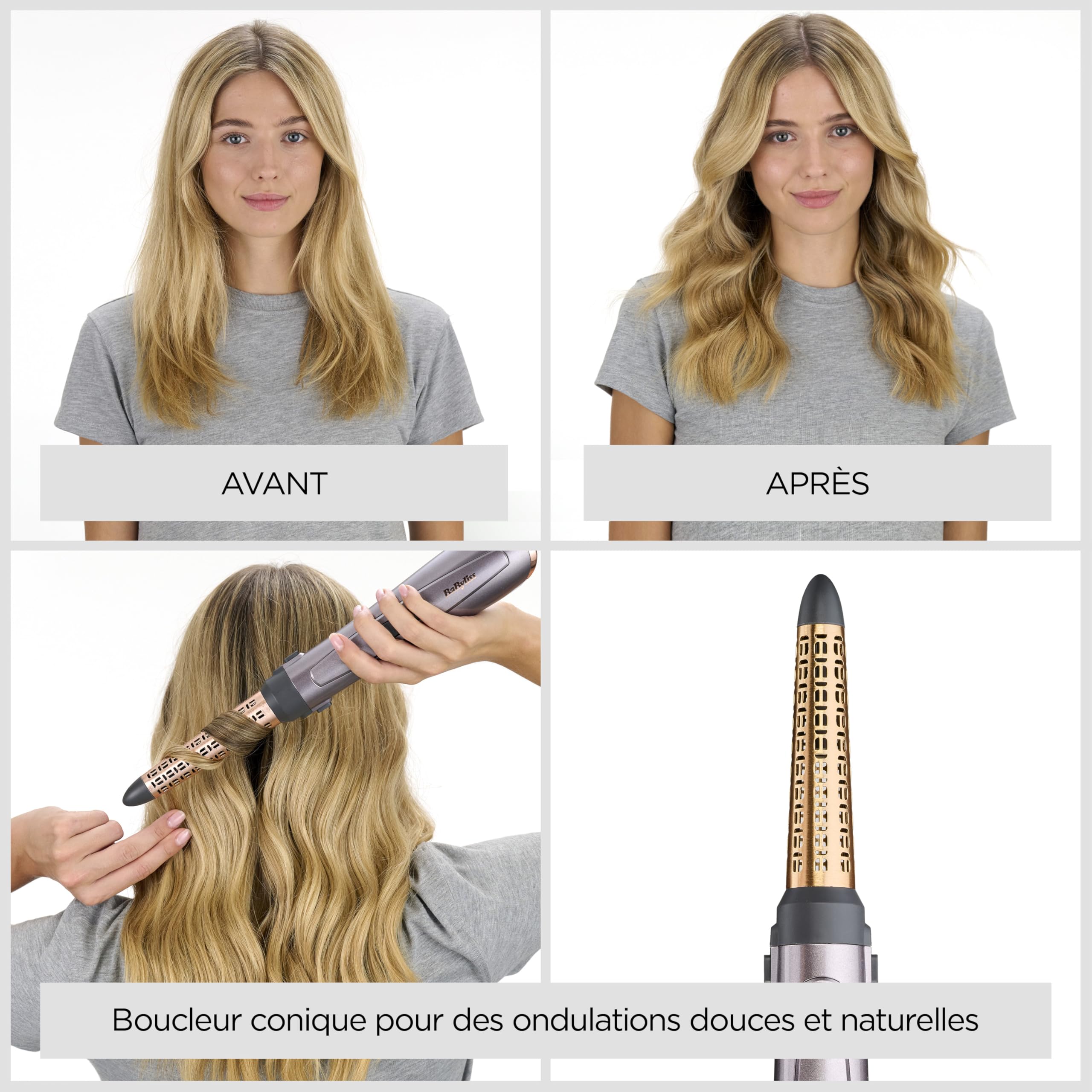 BaByliss Brosse soufflante Air Style 1000 - Brosse soufflante Tout en Un : séchage, volume, lissage et boucles, Technologie ionique Anti-Frisottis , 4 Accessoires, Cuivre/Gris, AS136E