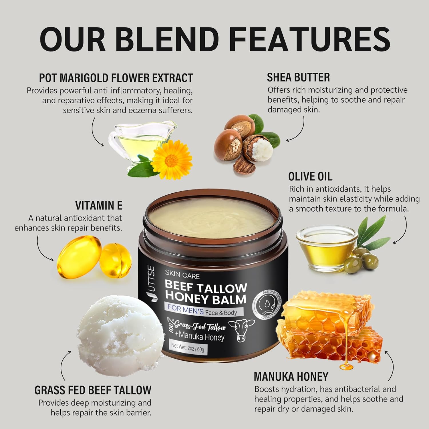 Uttse Beef Tallow Honey Balm for Skin:100% Grass-Fed Beef Tallow Moisturizer For Face and Body - Tallow Balm With Olive Oil Manuka Honey For Sensitive Dry Skin Repair 2 oz