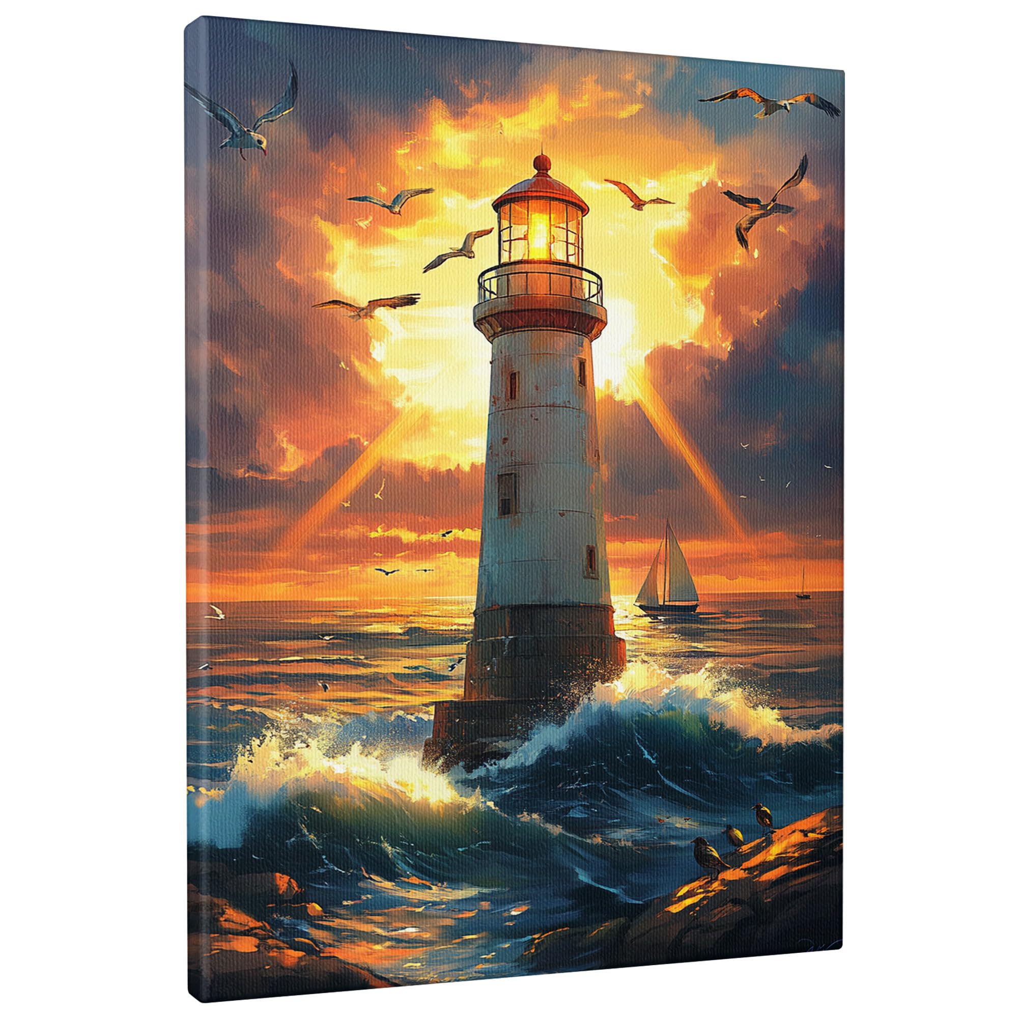 Coastal Lighthouse Canvas Wall Art, Blue with Orange Sunset Seascape Poster Prints, Nautical Wall Decor for Living Room, Bedroom, Bathroom, Unframed 12x16 Inch